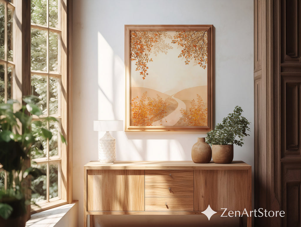 Autumn Pathway Neutral Wall Art - Minimal Beige Landscape Print for Japandi & Scandinavian Home Decor