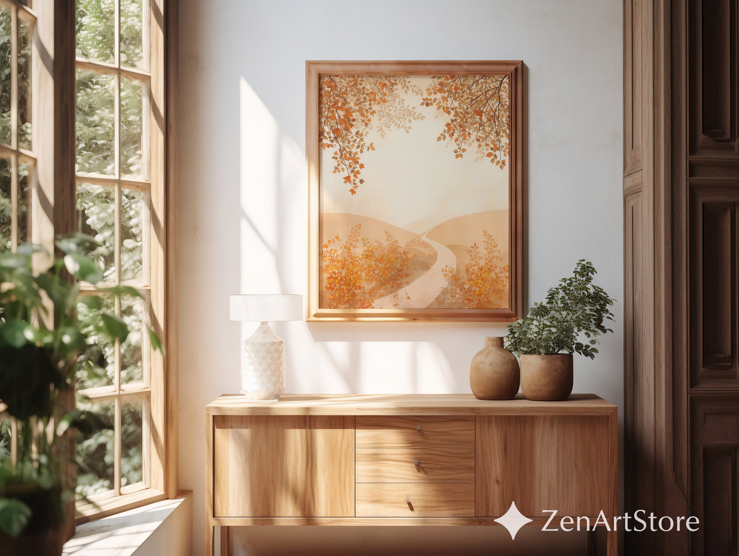 Autumn Pathway Neutral Wall Art - Minimal Beige Landscape Print for Japandi & Scandinavian Home Decor