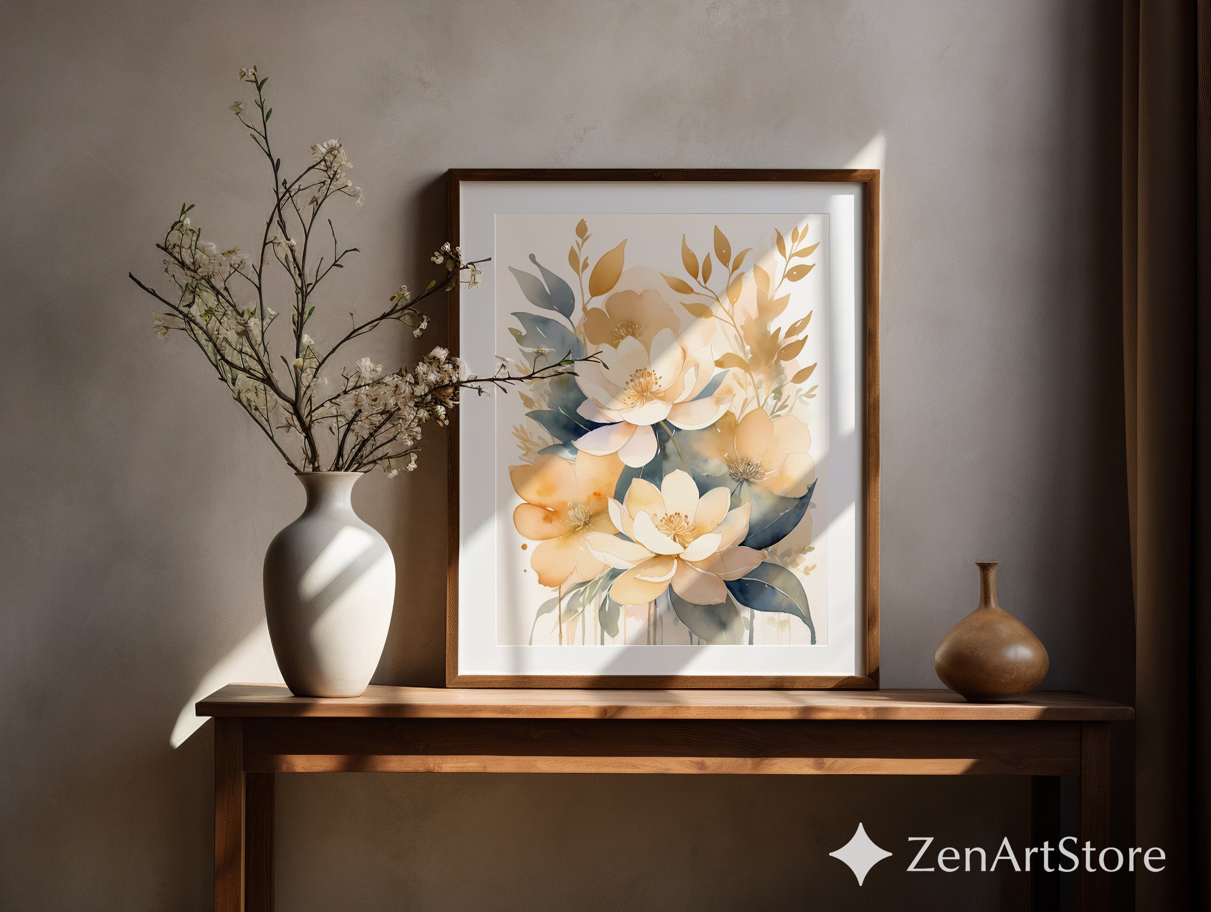 Neutral Watercolor Floral Print - Beige & Blue Botanical Wall Art, Japandi Wabi Sabi Home Decor