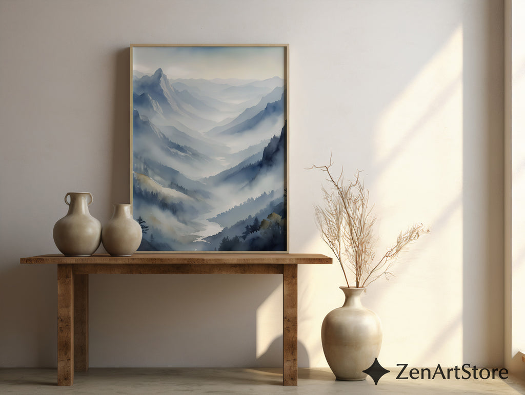 Misty Mountain Valley Wall Art Print - Serene Blue Grey Landscape, Minimalist Japandi Scandinavian Home Decor, Foggy Nature Print