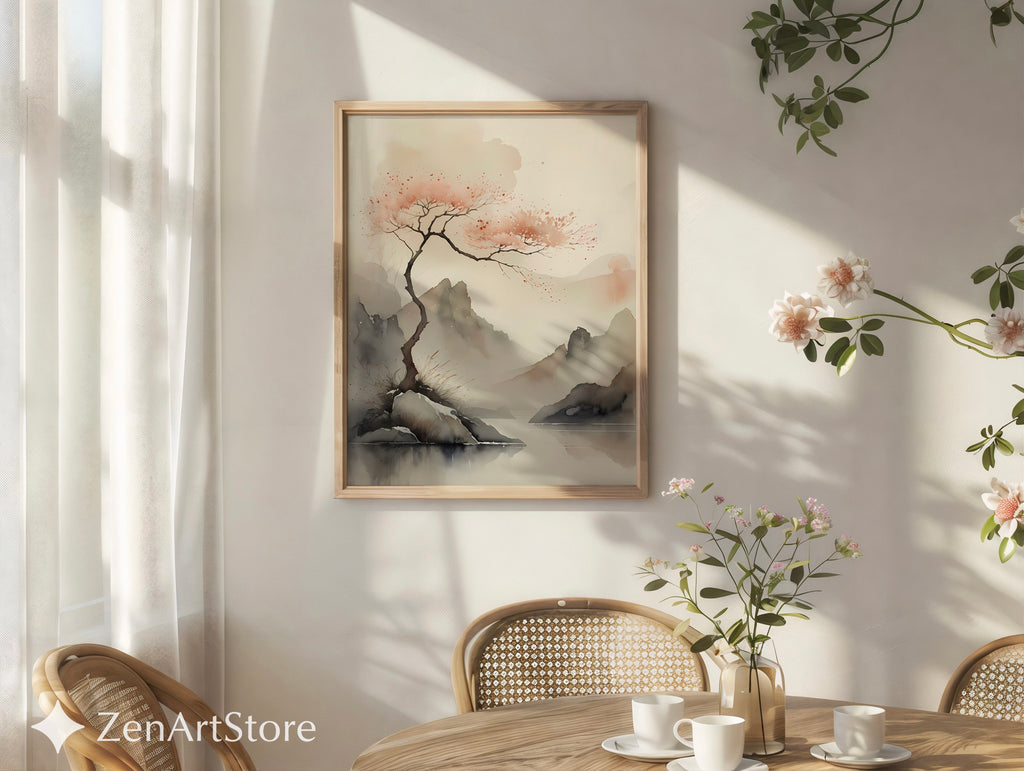 Serene Japandi Watercolor Landscape Print - Minimal Cherry Blossom Tree, Zen Wabi Sabi Wall Art for Living Room