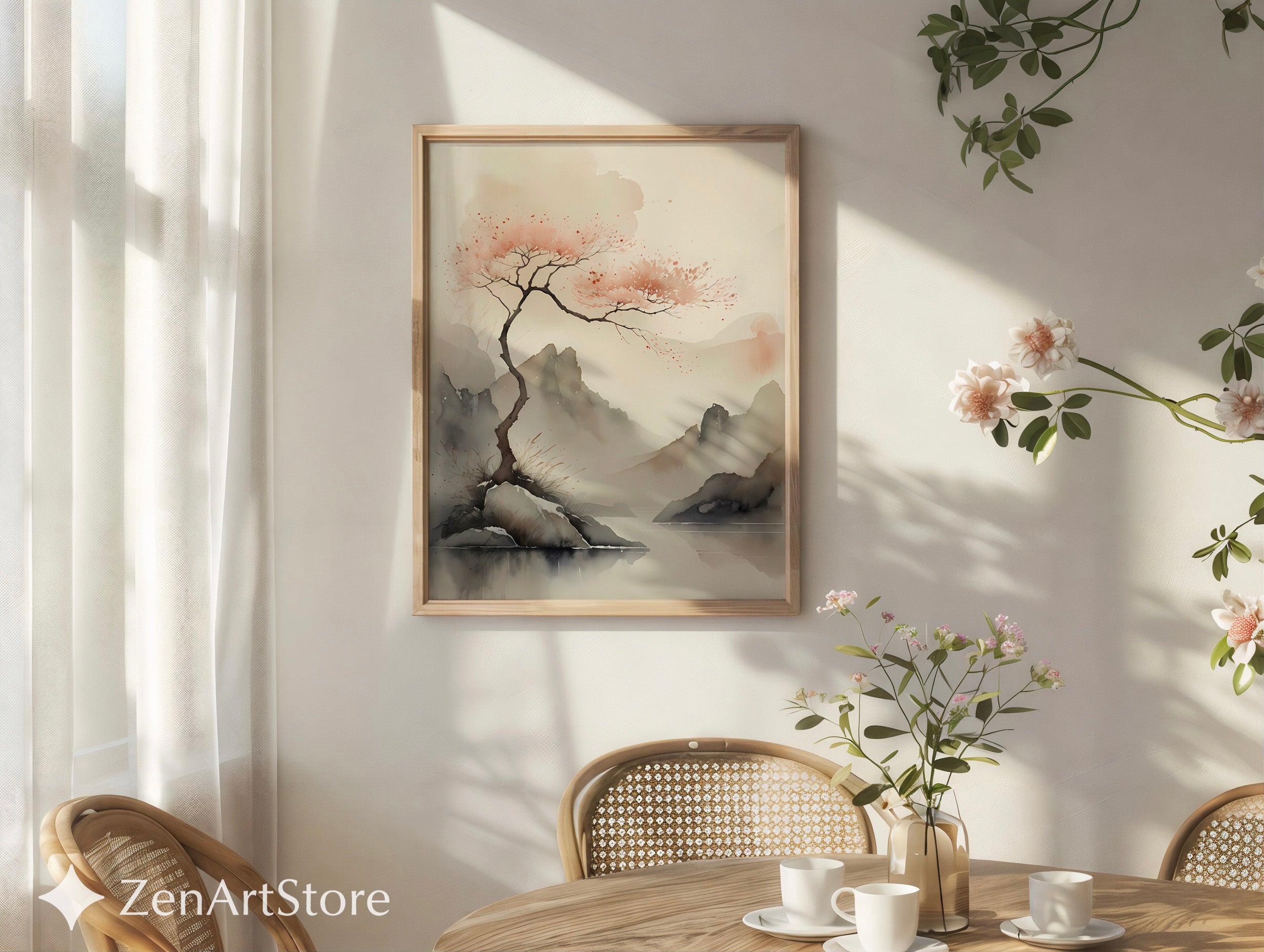 Serene Japandi Watercolor Landscape Print - Minimal Cherry Blossom Tree, Zen Wabi Sabi Wall Art for Living Room