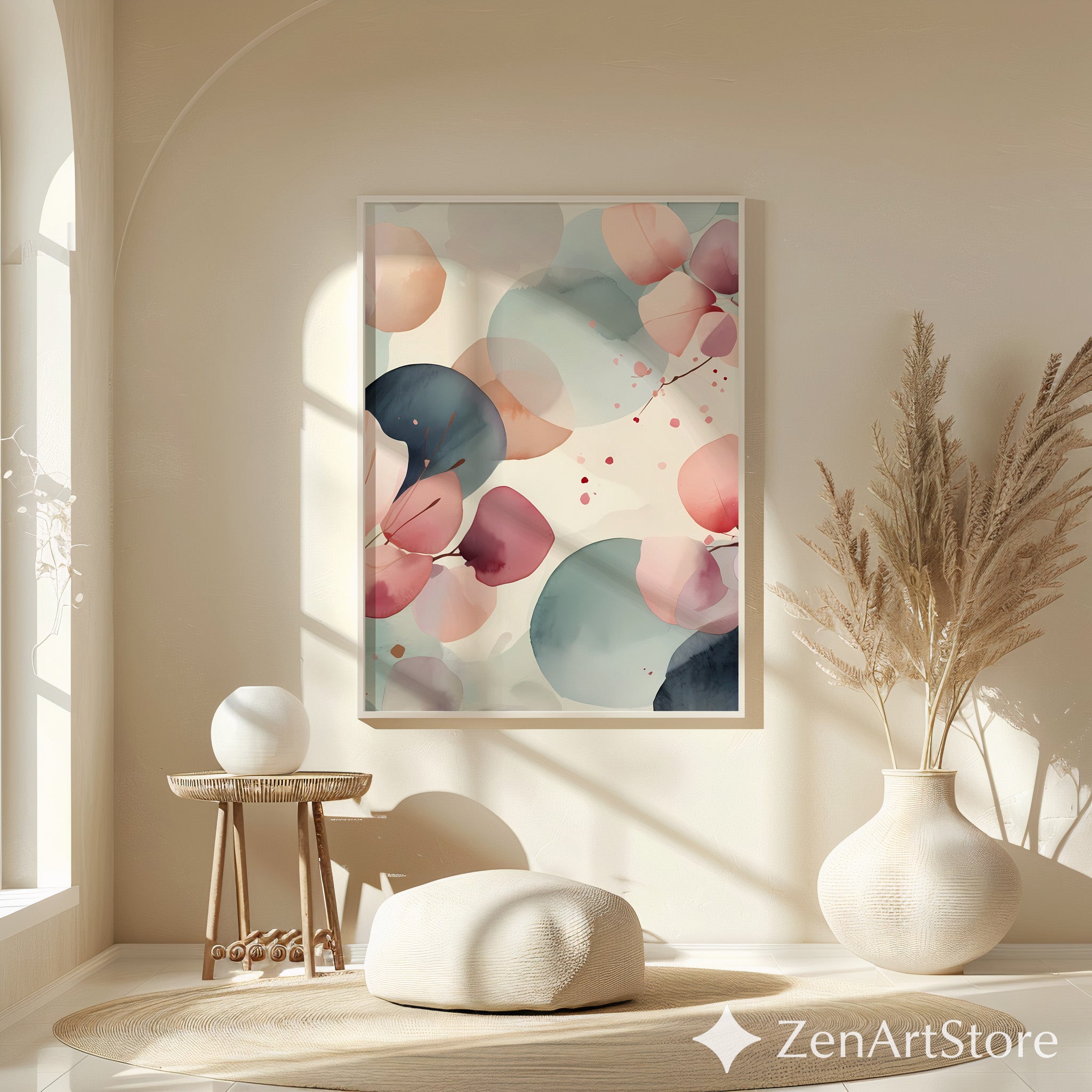 Zen Minimal Japanese Abstract Printable Wall Art - Soft Pink & Teal Watercolor Eucalyptus