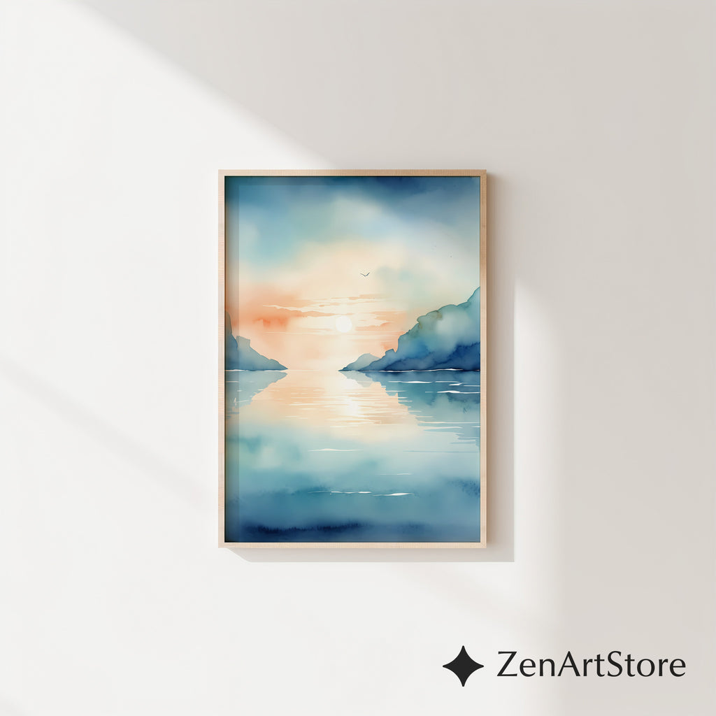 Calm Coastal Sunset Watercolor Print - Minimal Seascape Wall Art, Zen Japandi Blue Peach Ocean Landscape