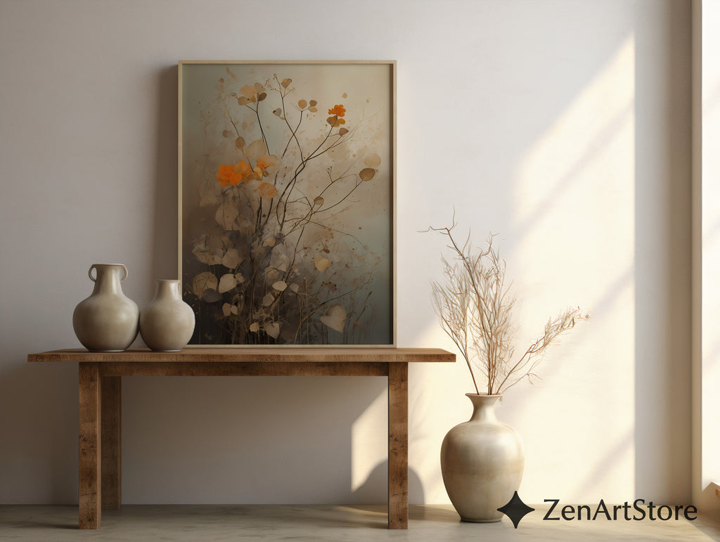 Neutral Botanical Wall Art with Orange Accent – Minimal Abstract Floral Print for Japandi, Wabi Sabi & Scandinavian Home Decor