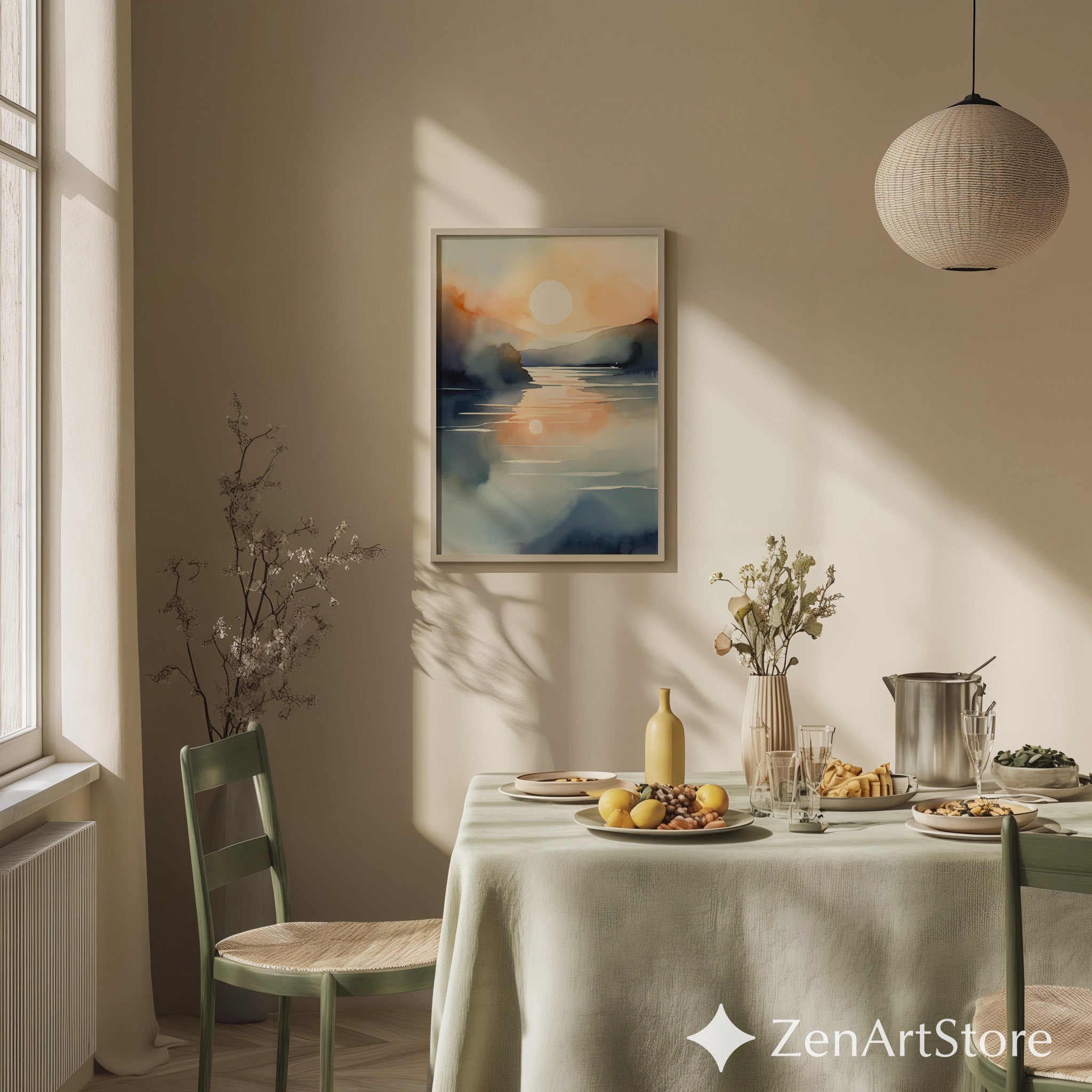 Serene Watercolor Sunset Lake Print – Minimal Neutral Landscape Art for Living Room, Bedroom, Japandi Decor