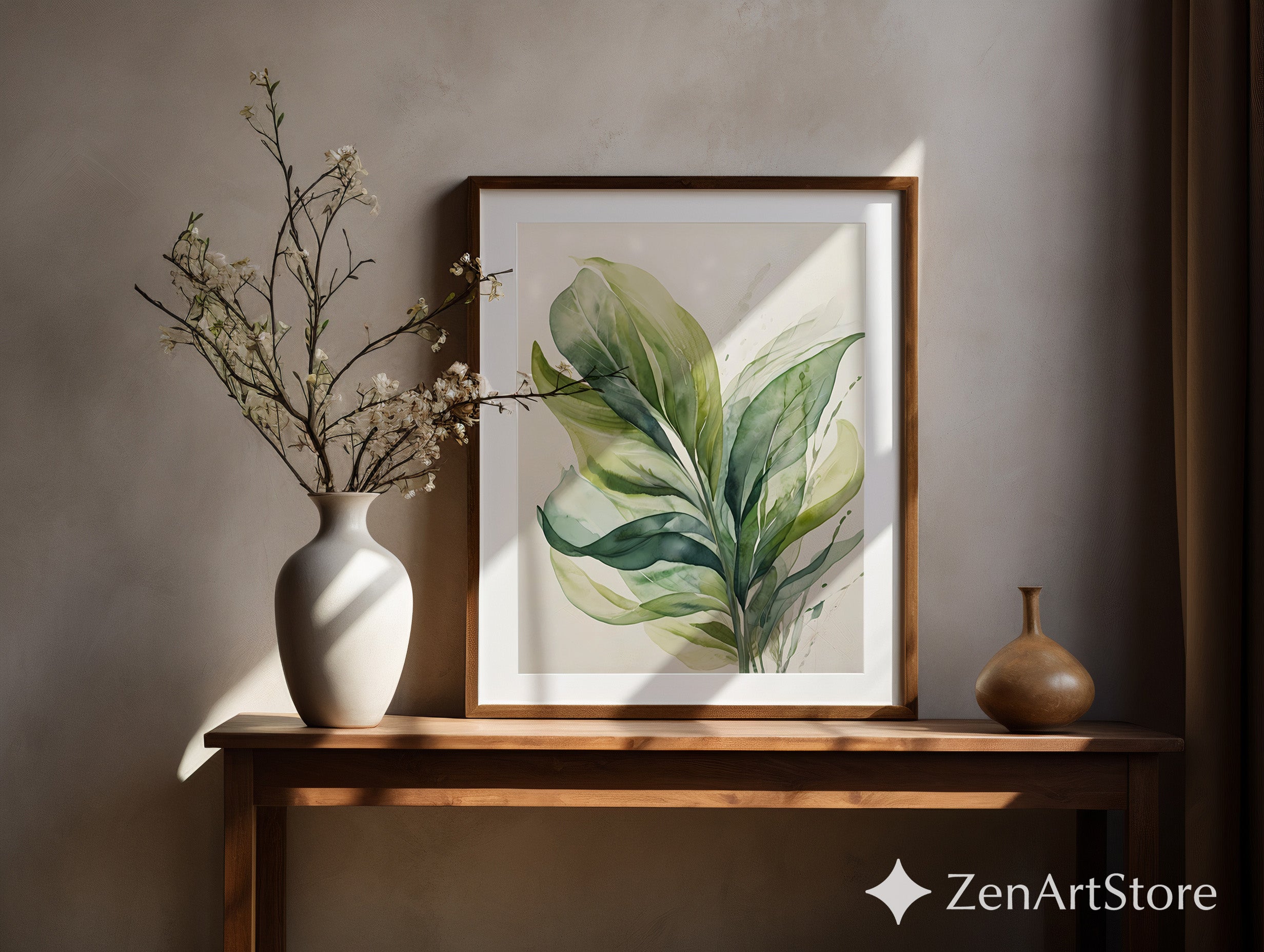 Green Leaf Watercolor Print - Minimal Botanical Wall Art for Japandi, Scandinavian Neutral Home Decor
