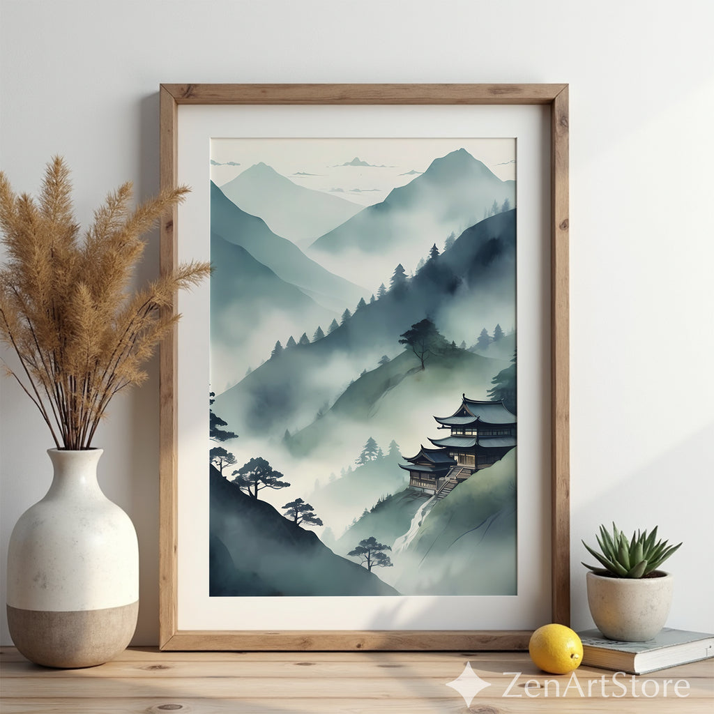 Misty Mountain Temple Wall Art - Zen Japandi Japanese Landscape Print - Minimal Wabi Sabi Home Decor