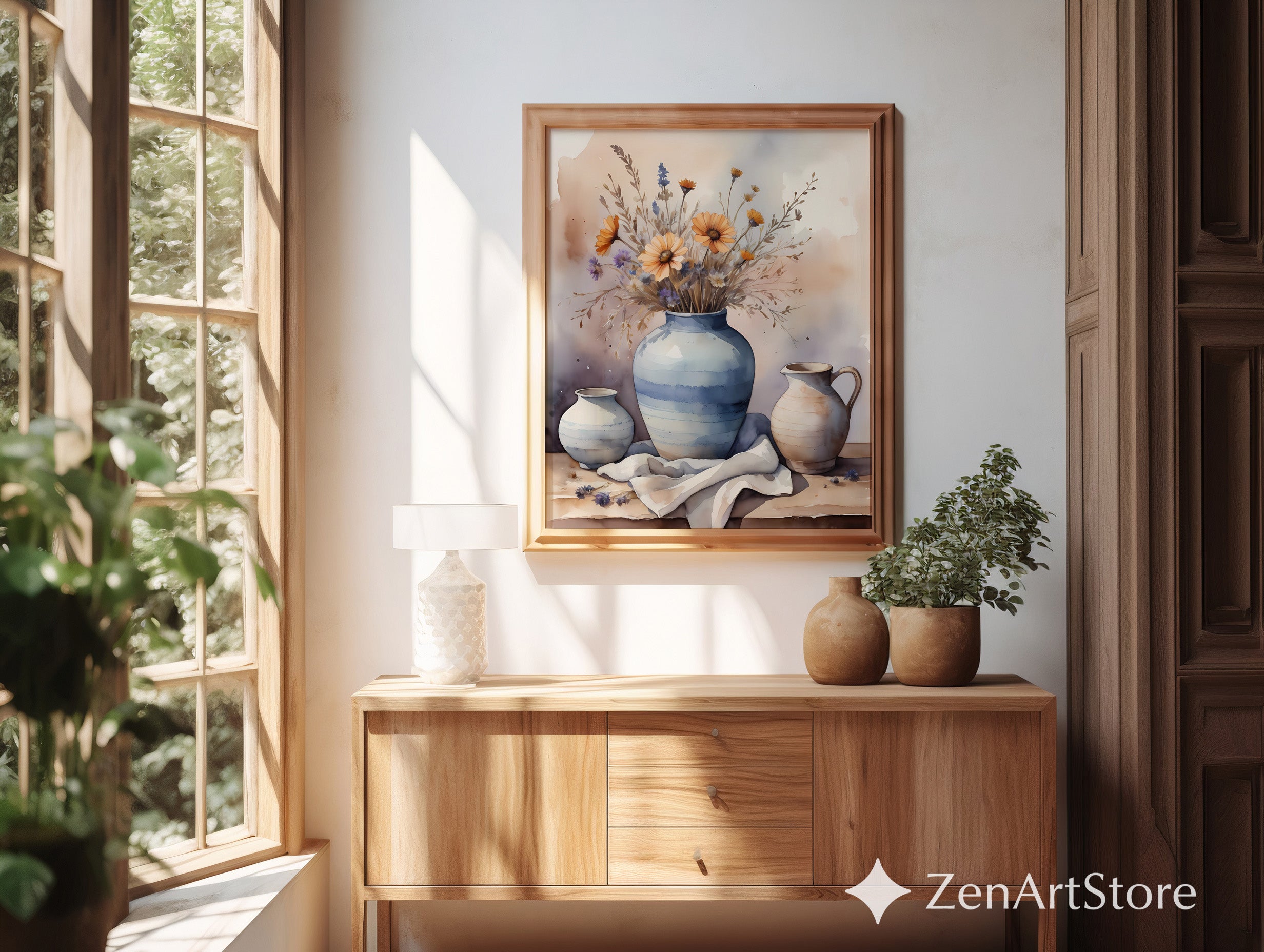 Watercolor Floral Vase Print - Neutral Still Life Wall Art for Living Room, Scandinavian Japandi Botanical Decor