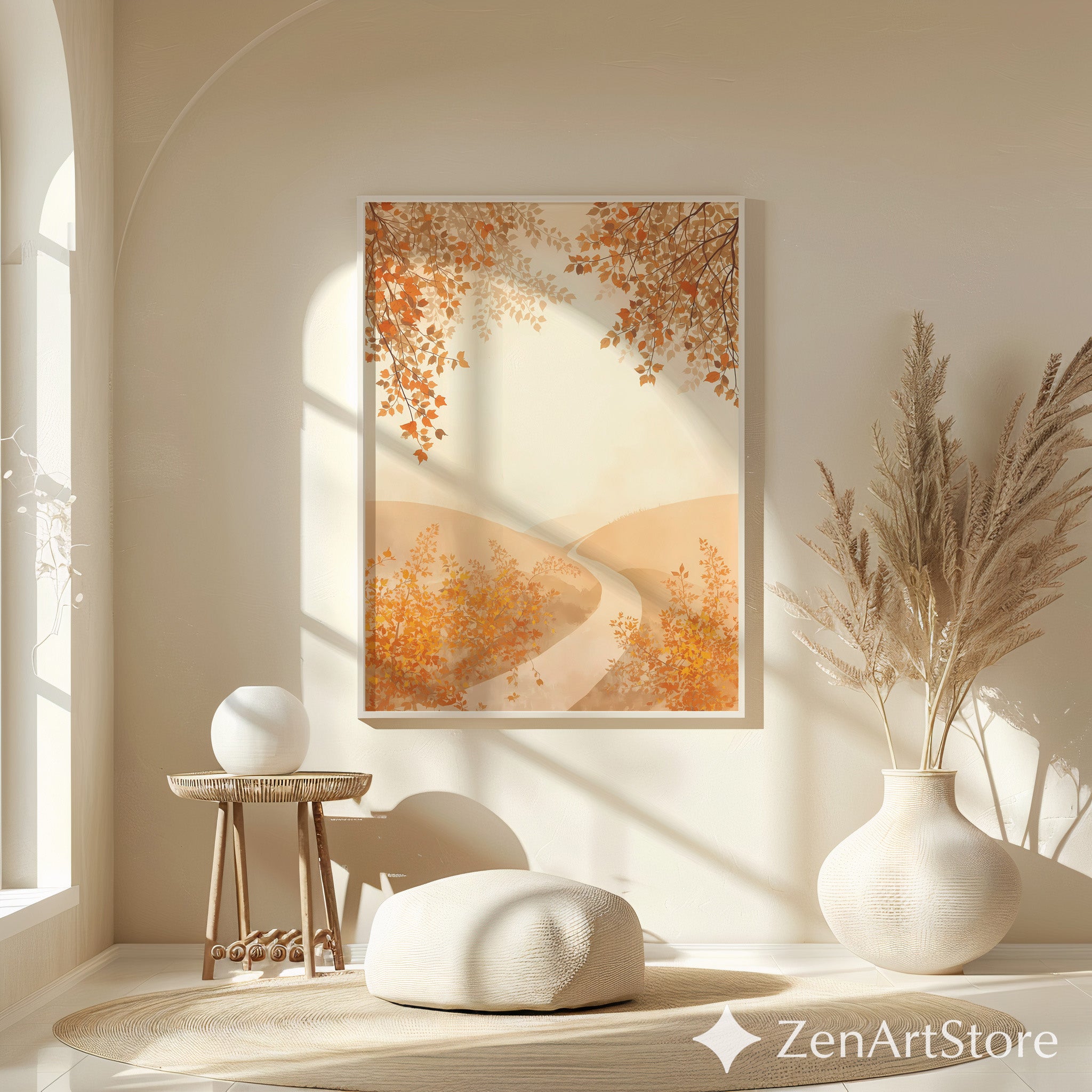 Autumn Pathway Neutral Wall Art - Minimal Beige Landscape Print for Japandi & Scandinavian Home Decor