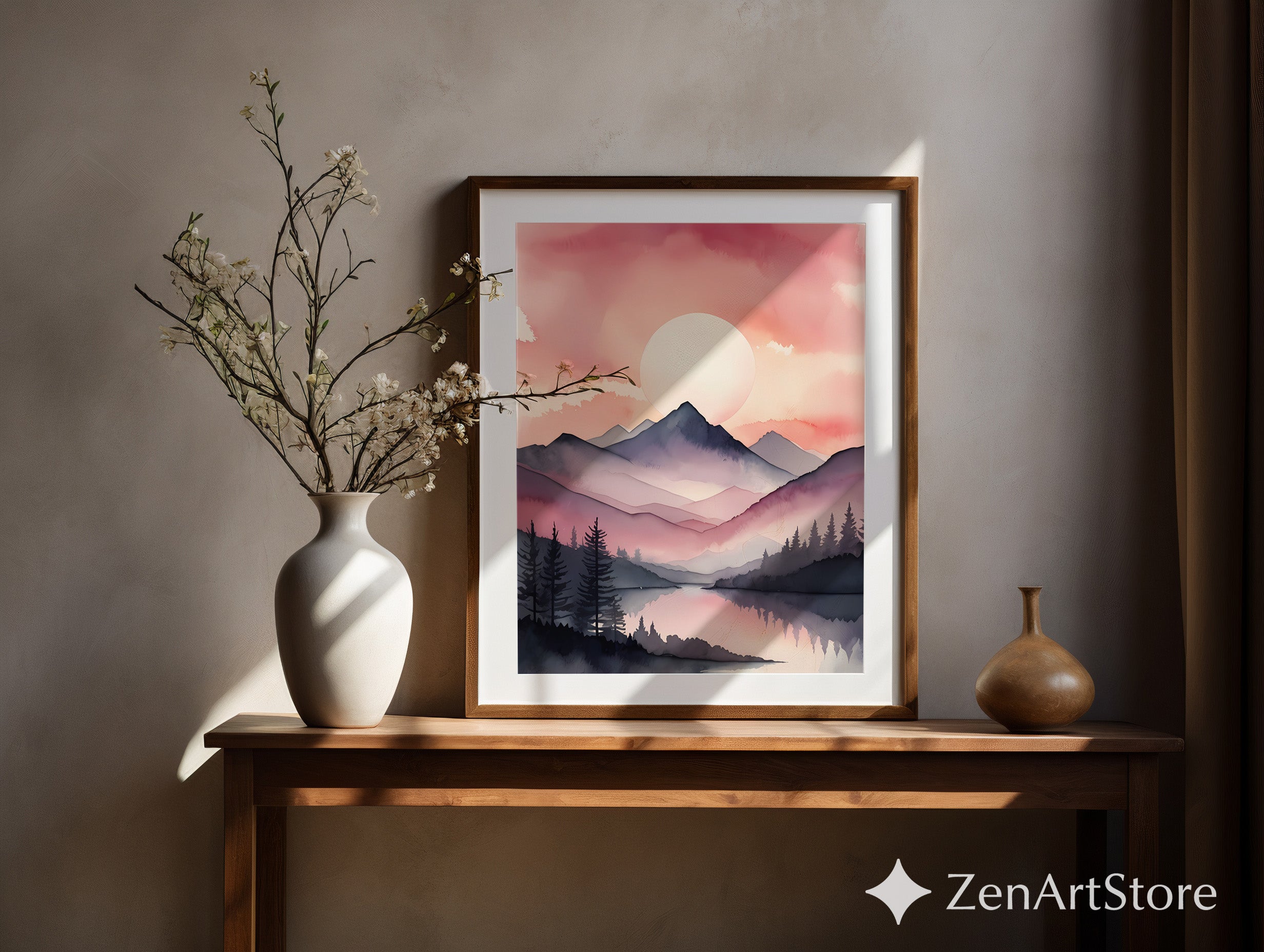 Blush Mountain Watercolor Print - Pink Sunset Minimal Landscape Wall Art for Living Room, Bedroom, Nursery - Japandi Scandinavian Decor