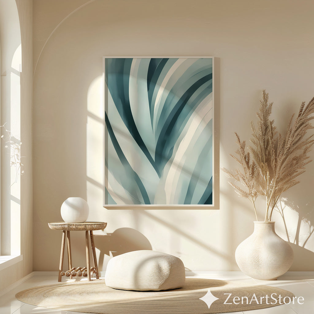 Teal Abstract Botanical Wall Art - Minimal Japandi Blue Green Print for Calm Modern Home Decor