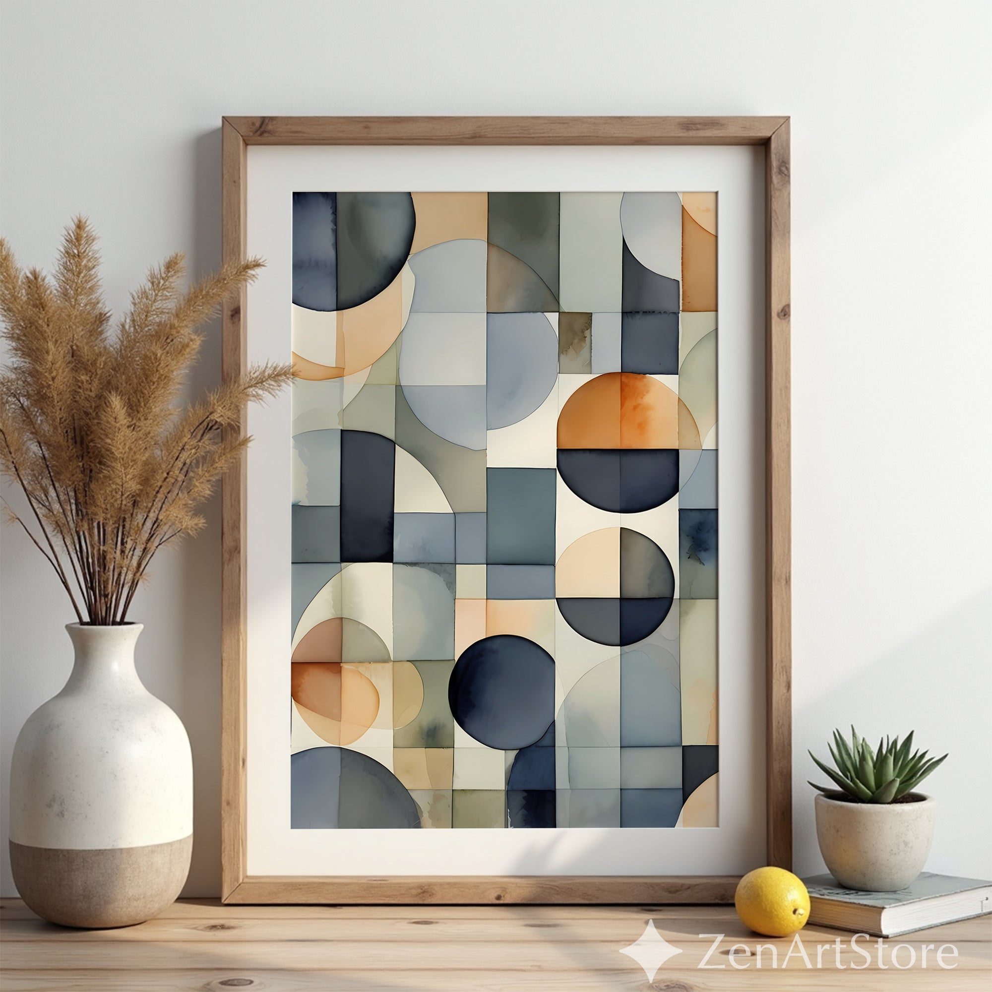 Abstract Geometric Wall Art Neutral Tones - Modern Mid Century Watercolor Circles Print - Japandi Wabi Sabi Minimalist Home Decor