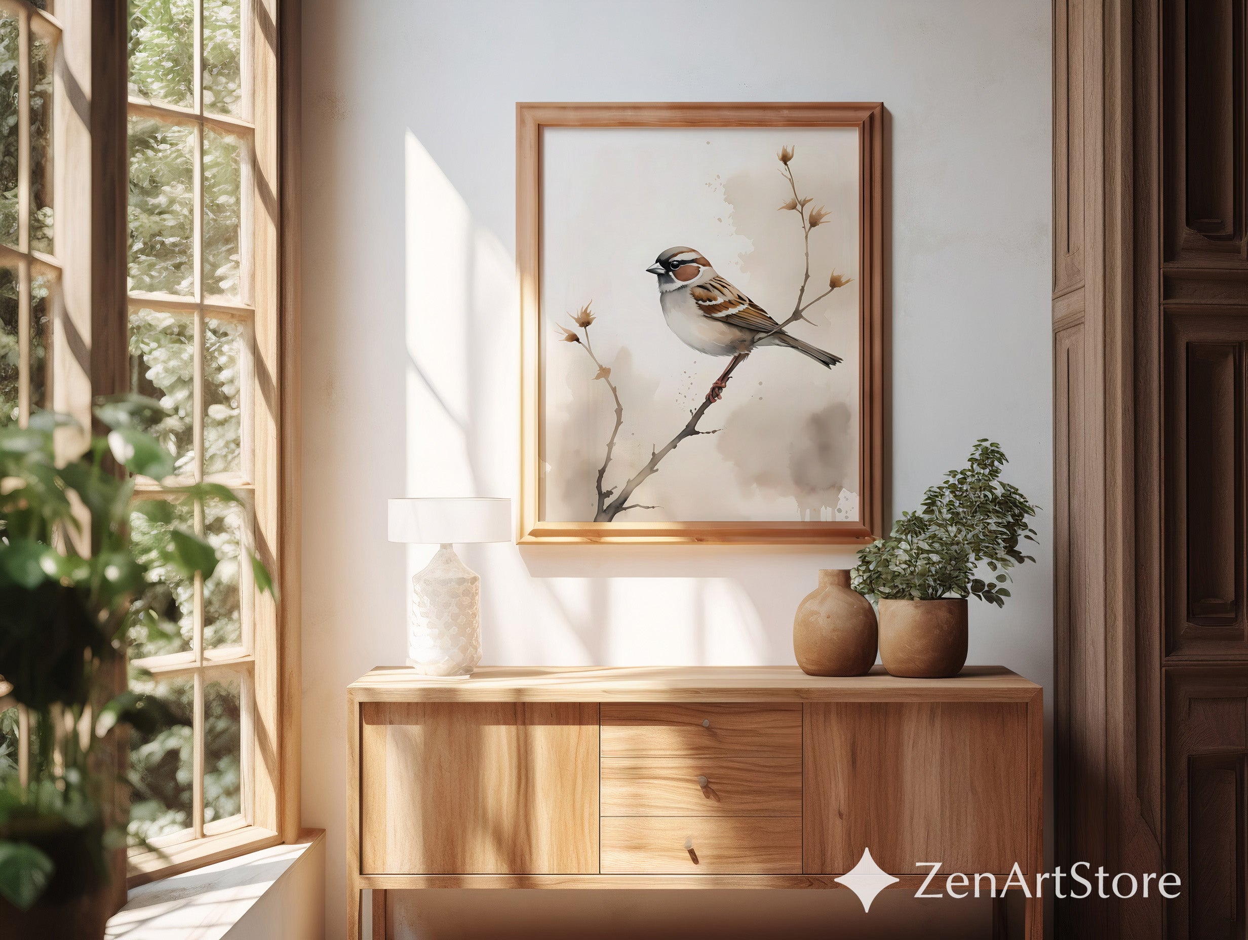Sparrow Watercolor Print | Minimal Neutral Bird Wall Art for Living Room, Nursery, Japandi Scandinavian Home Decor
