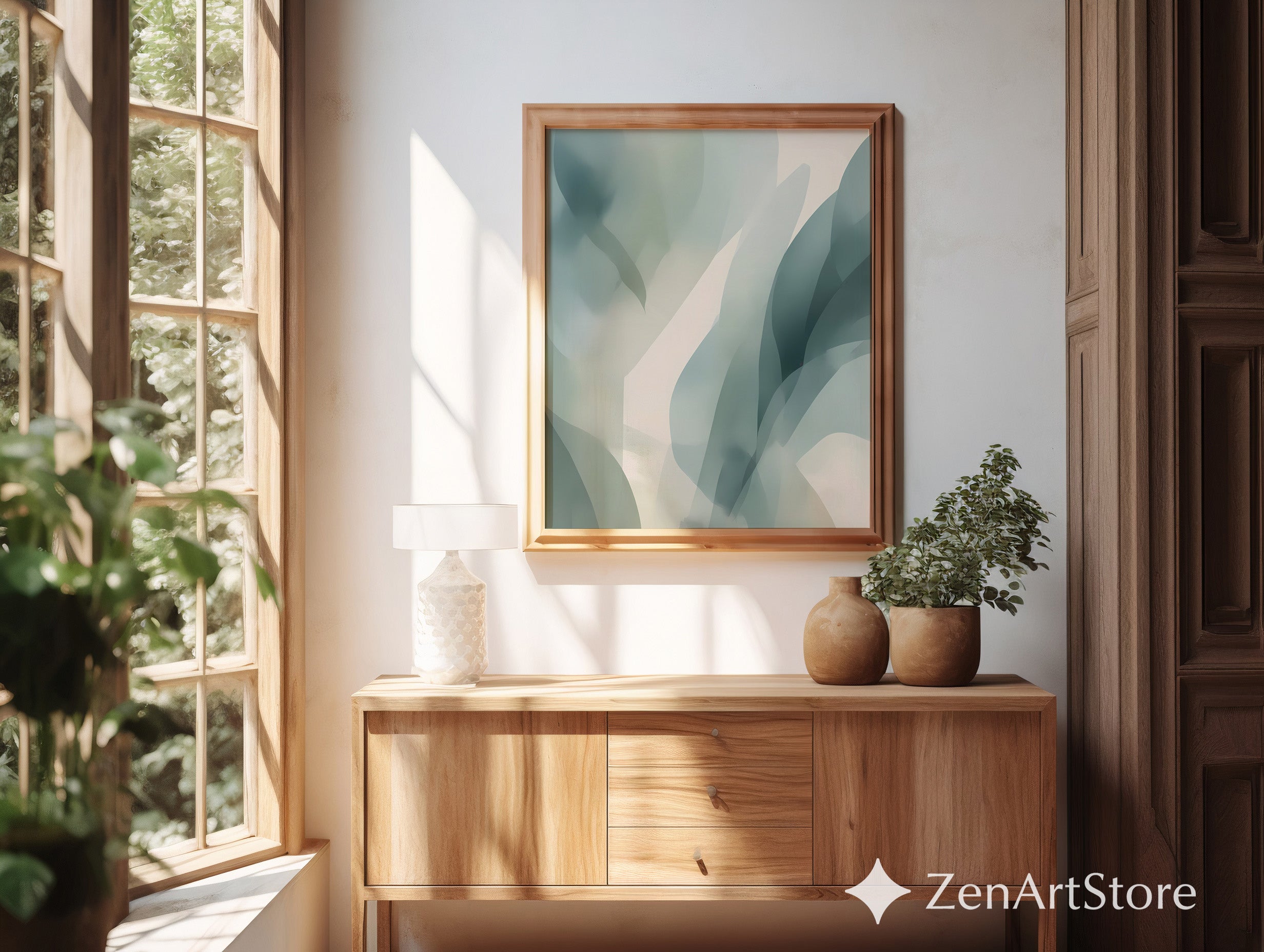 Muted Green Abstract Botanical Wall Art | Minimalist Japandi Print for Calm Neutral Home Decor, Printable & Canvas Ready