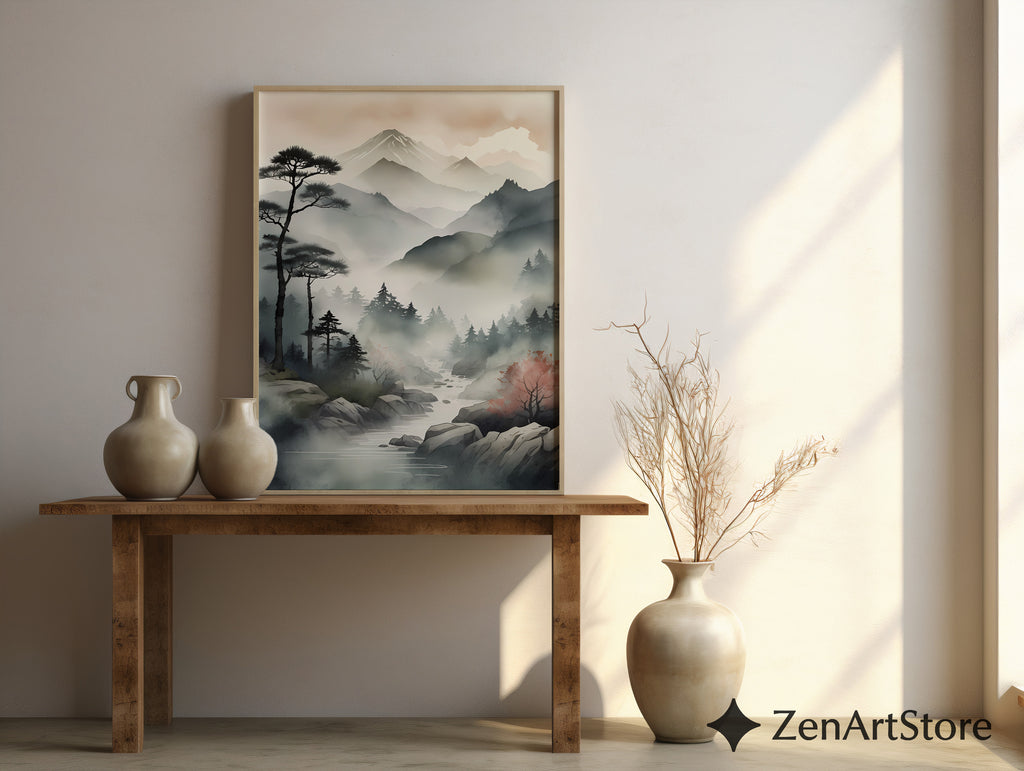 Zen Japanese Mountain Mist Printable Wall Art - Minimal Sumi-e Landscape for Calm Home
