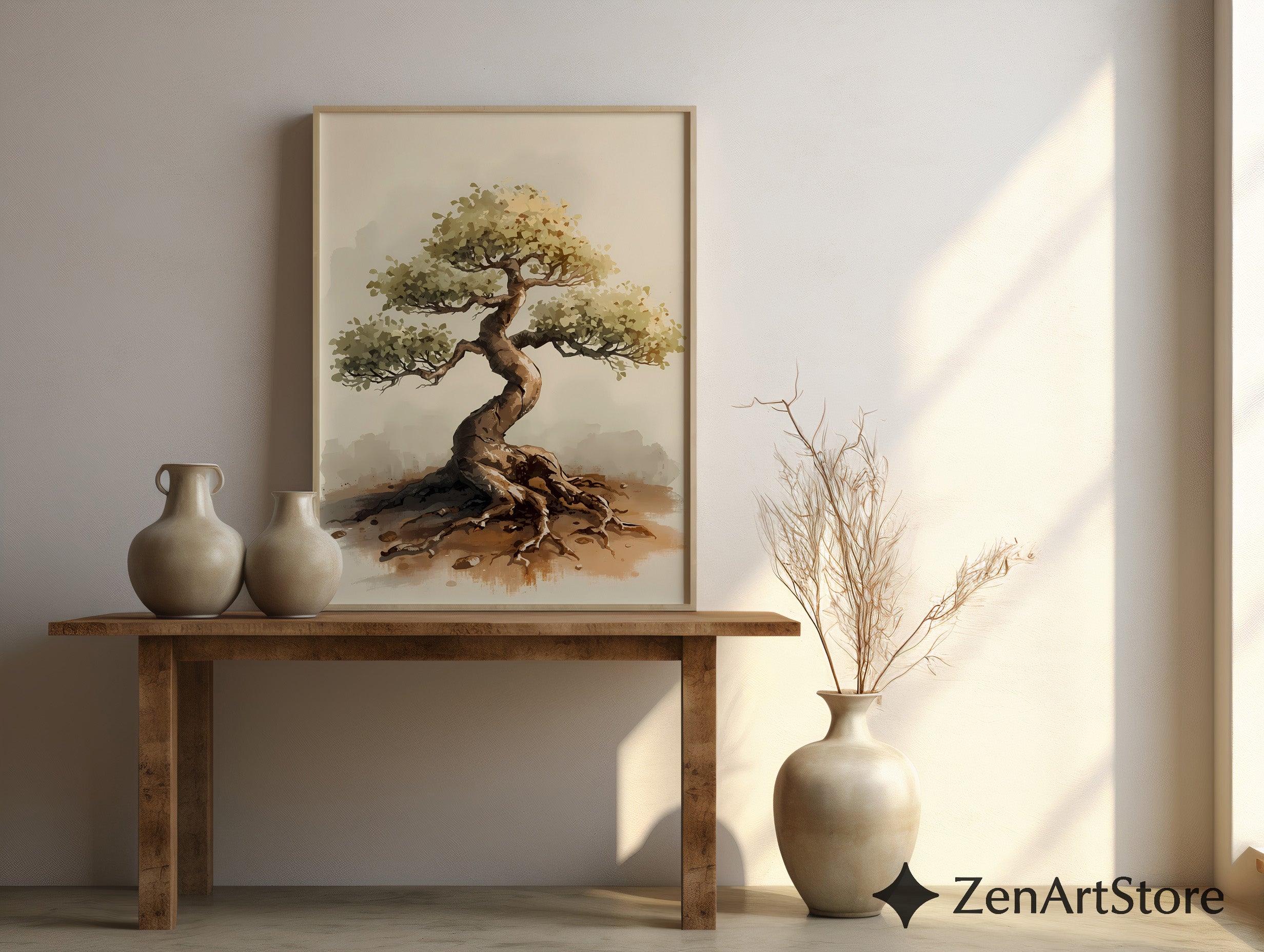 Bonsai Tree Art Print - Minimal Zen Wall Decor, Neutral Wabi Sabi Botanical Illustration for Japandi & Scandinavian Homes