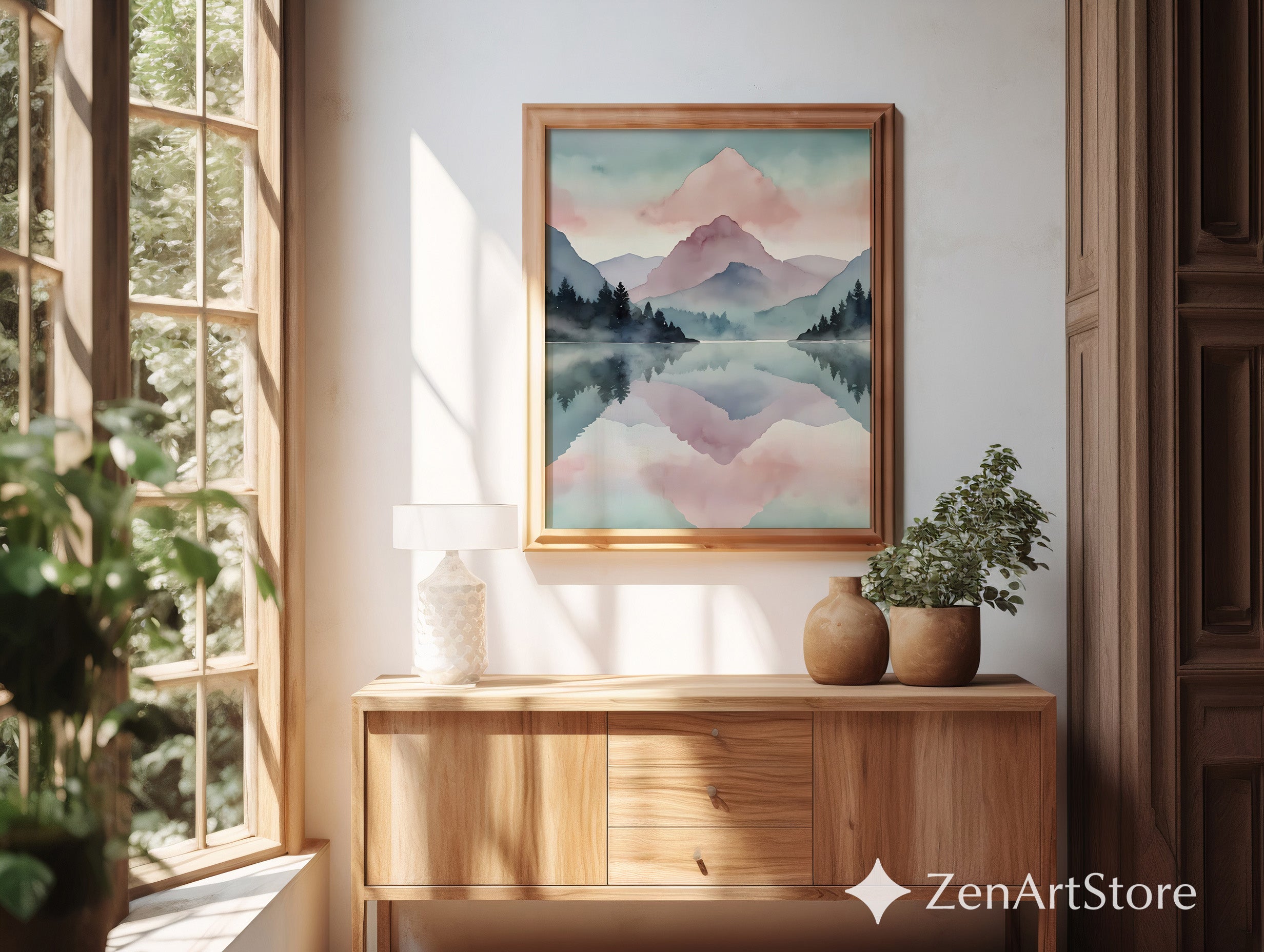 Pastel Mountain Watercolor Print - Serene Lake Reflection Wall Art, Minimal Japandi Scandinavian Home Decor