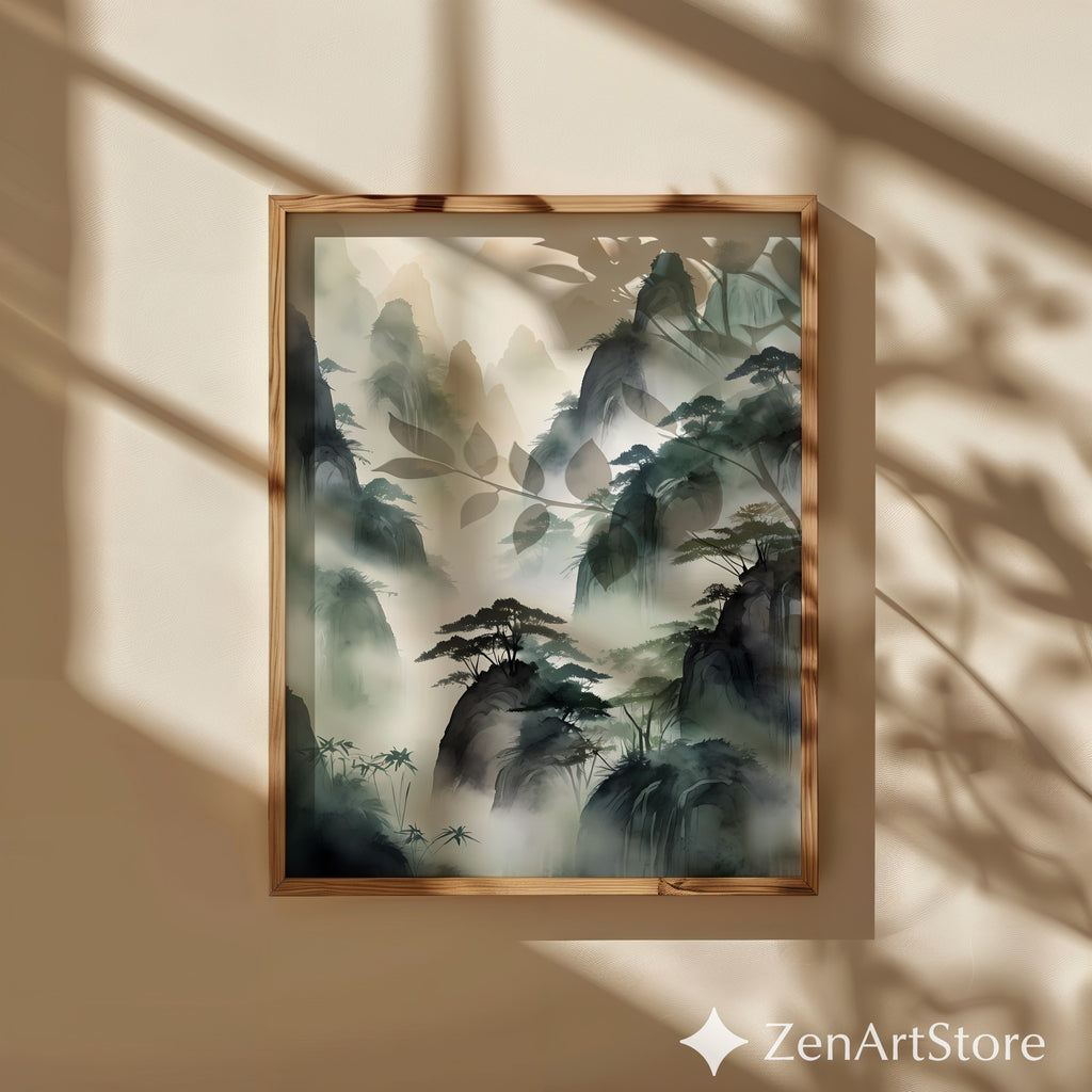 Misty Mountain Landscape Print - Zen Ink-Wash Wall Art for Living Room Japandi Neutral Home Decor