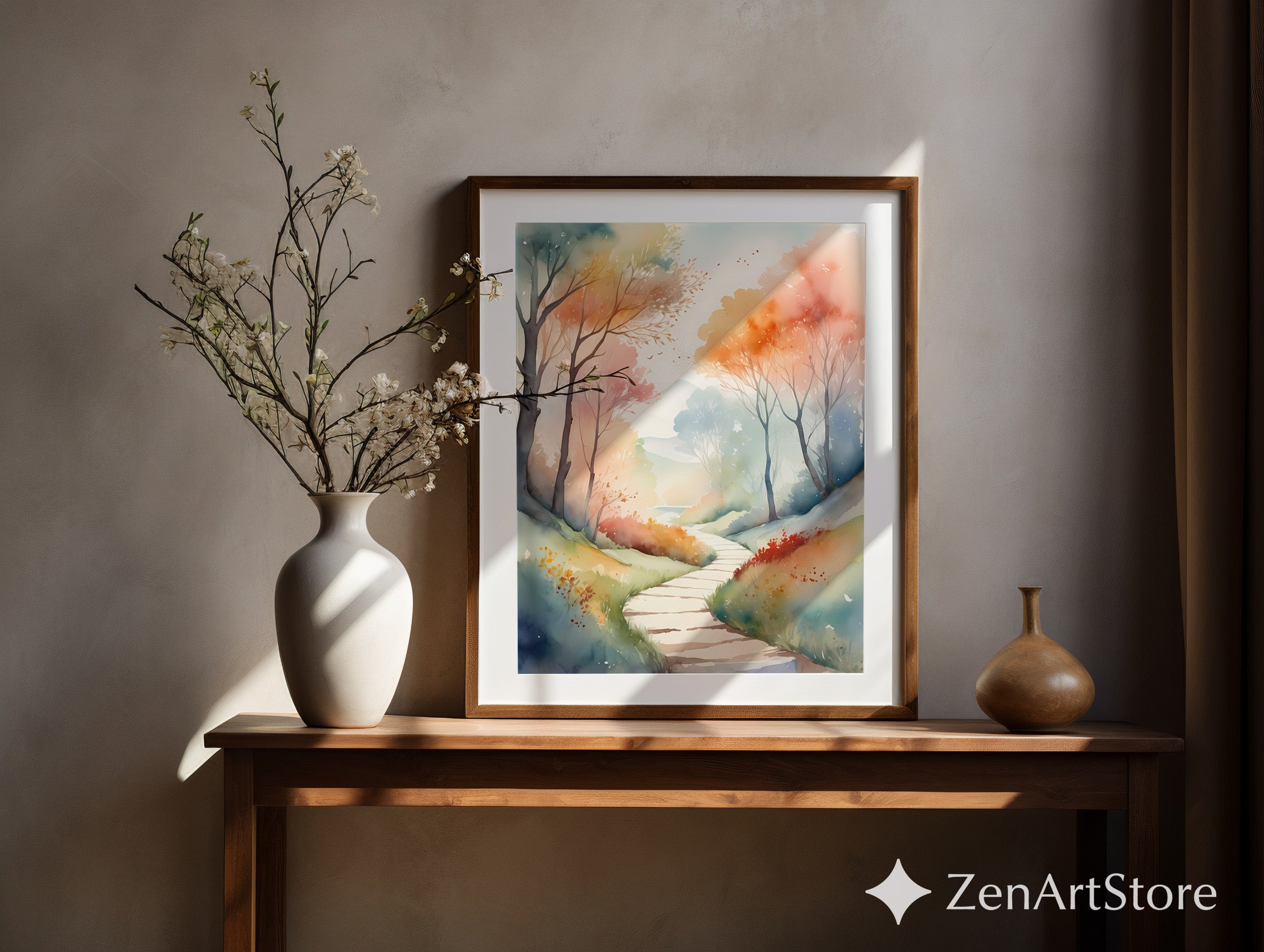 Dreamy Watercolor Pathway Wall Art - Pastel Forest Landscape Print, Autumn Zen Minimal Japandi Home Decor