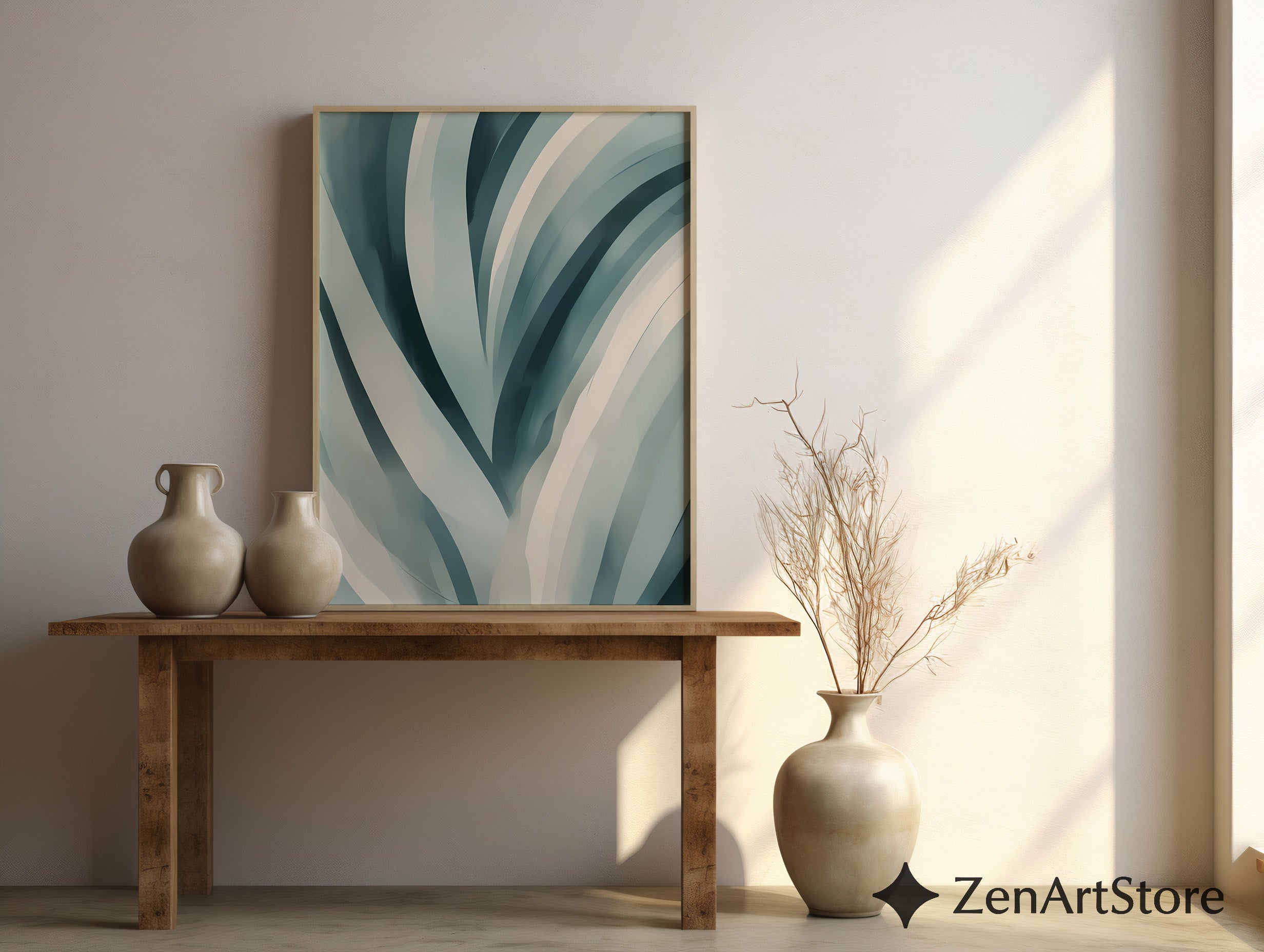 Teal Abstract Botanical Wall Art - Minimal Japandi Blue Green Print for Calm Modern Home Decor
