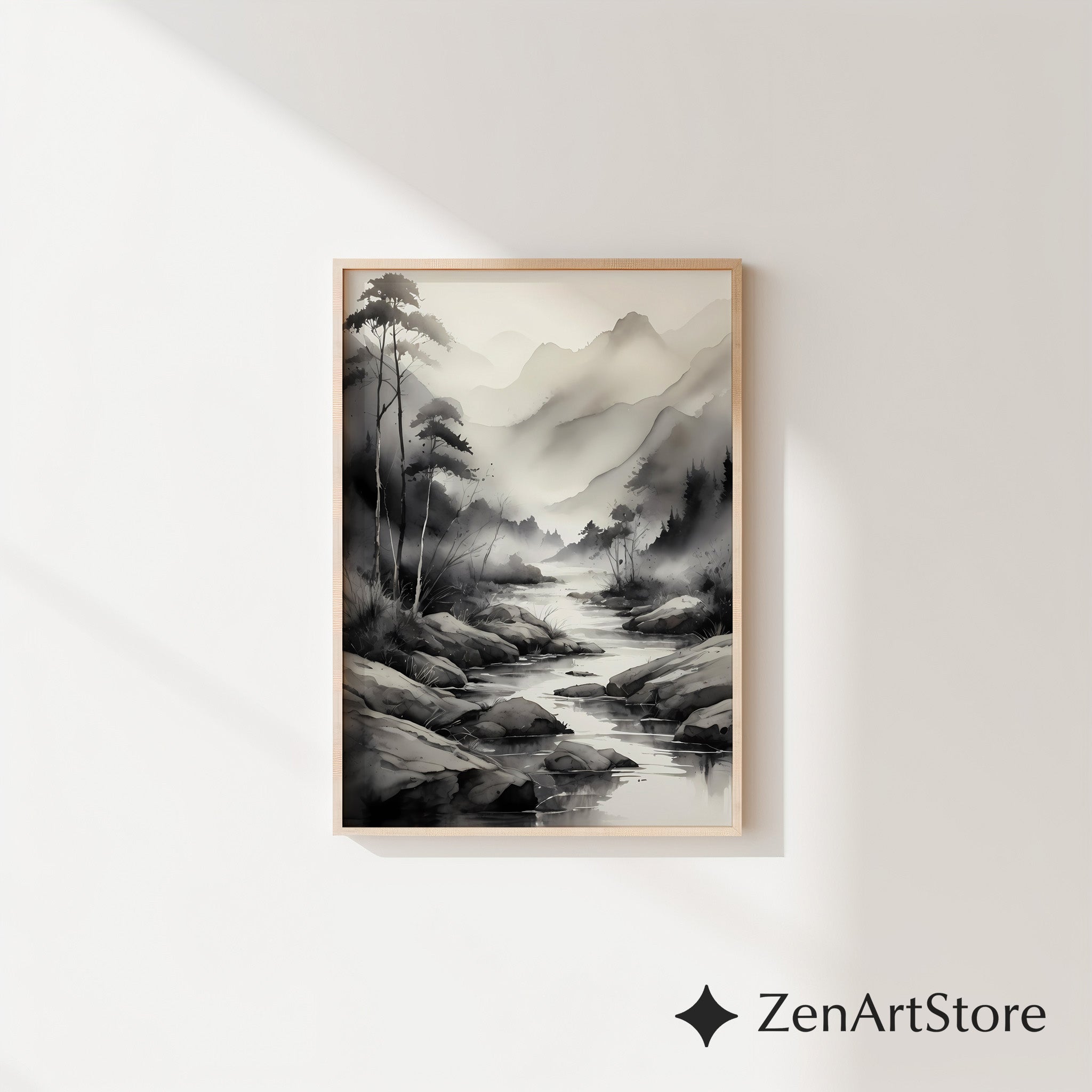 Ink-Wash Mountain River Print - Zen Minimal Monochrome Landscape Wall Art for Japandi, Scandinavian & Wabi-Sabi Decor