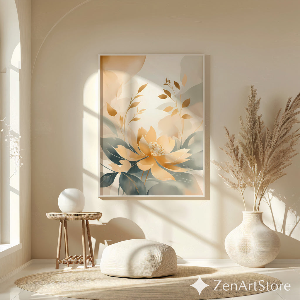 Golden Lotus Botanical Wall Art - Neutral Beige & Sage Floral Print, Japandi Minimalist Abstract Flower Poster