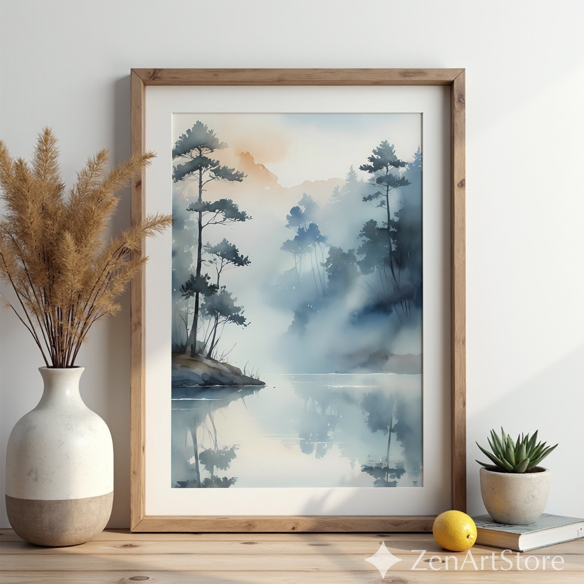 Misty Lake Watercolor Wall Art | Minimal Japandi Landscape Print, Calm Neutral Blue Home Decor