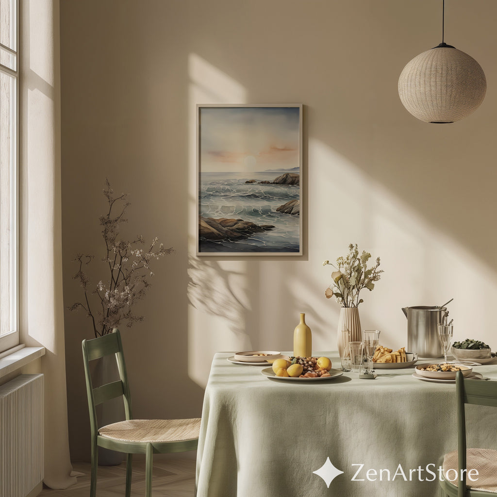 Minimal Coastal Seascape Print - Serene Ocean Waves & Rocky Shore | Neutral Beige Blue Japandi Wall Art for Calm Home Decor