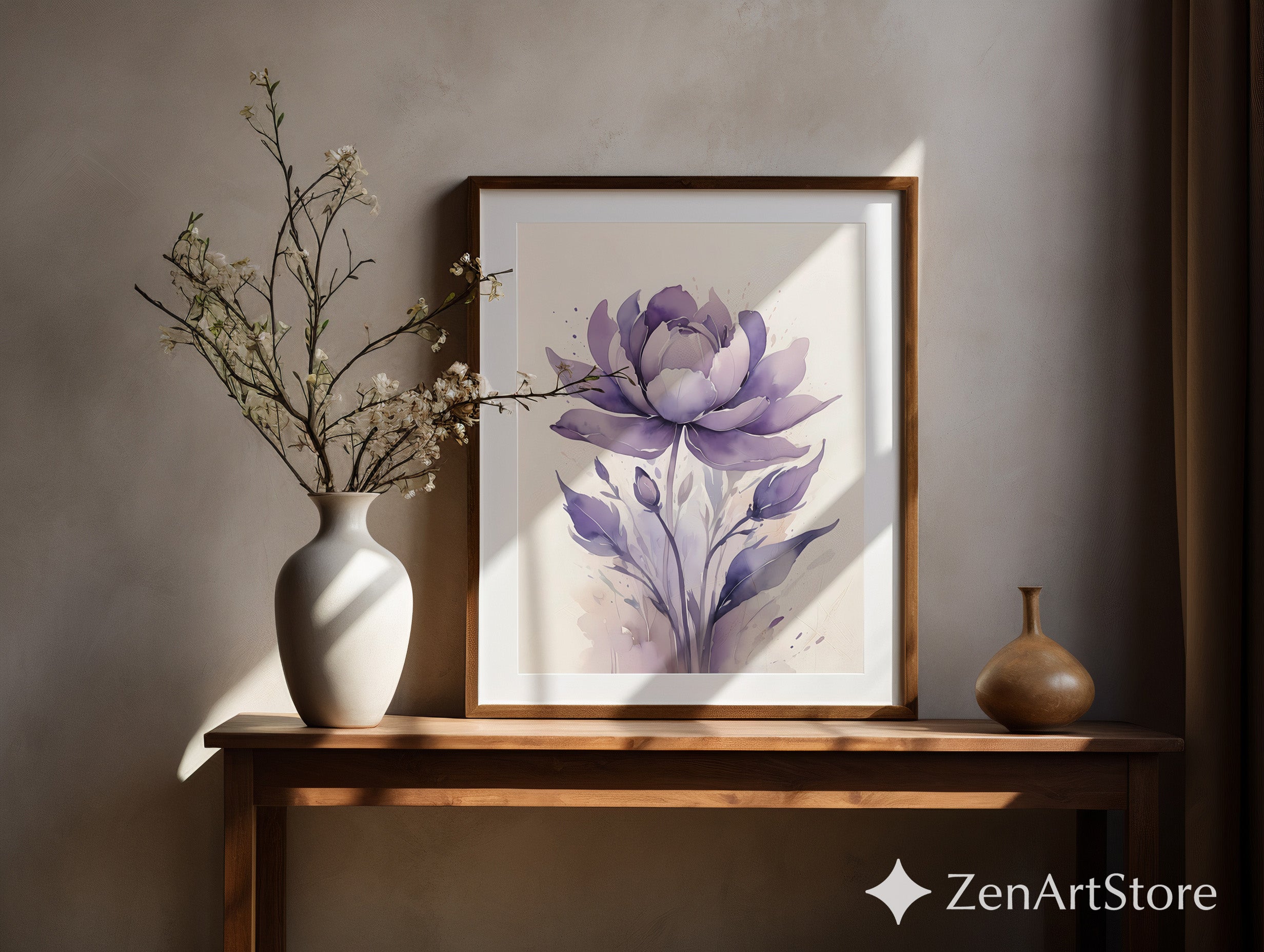 Purple Watercolor Flower Print - Minimal Botanical Wall Art for Living Room, Bedroom, Nursery - Modern Japandi Scandinavian Floral Decor