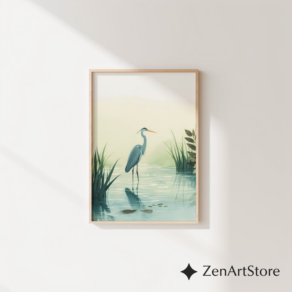 Calm Heron Wetland Wall Art - Minimal Botanical Bird Print for Japandi & Scandinavian Neutral Home Decor