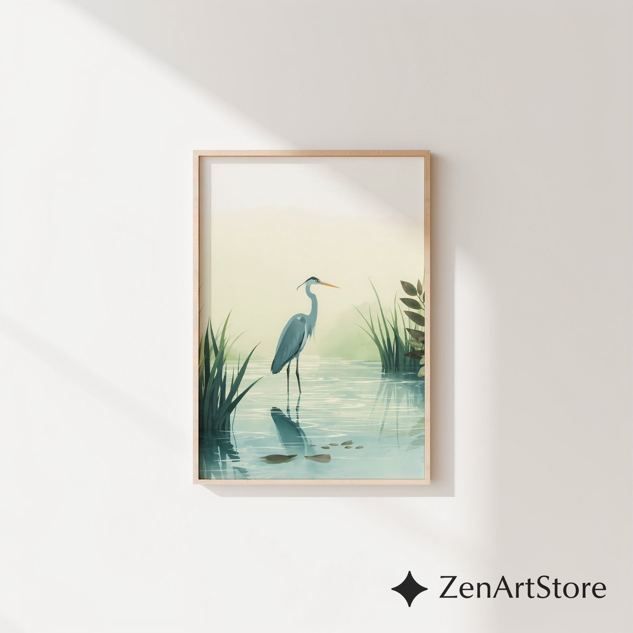Calm Heron Wetland Wall Art - Minimal Botanical Bird Print for Japandi & Scandinavian Neutral Home Decor