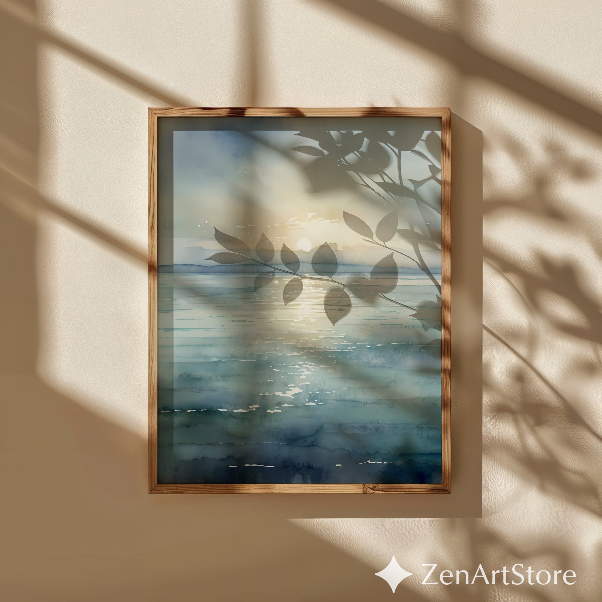 Serene Watercolor Seascape Print - Calm Sunrise Ocean Wall Art, Minimal Coastal Home Decor, Japandi Scandinavian Neutral