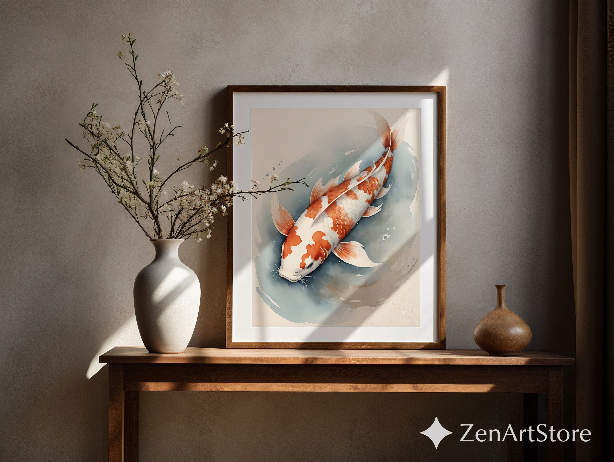 Serene Koi Fish Wall Art - Japanese Koi Watercolor Print for Zen Japandi & Minimal Home Decor in Soft Blue, Cream & Orange