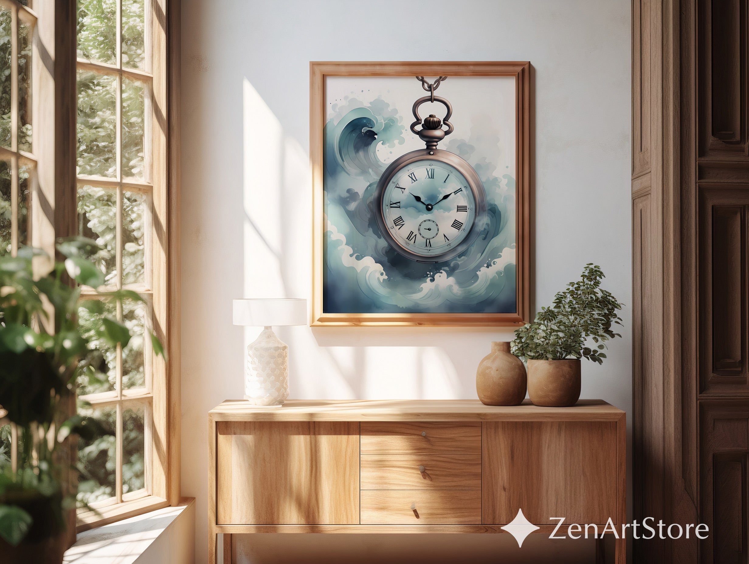 Vintage Pocket Watch Ocean Waves Print - Nautical Wall Art, Serene Blue Timepiece for Coastal, Japandi & Scandinavian Decor