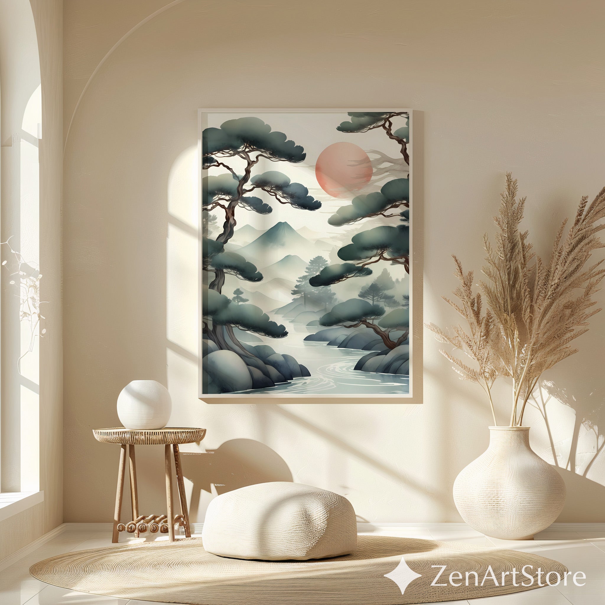 Zen Japanese Landscape Print Misty Pines & Red Sun - Japandi Minimalist Wall Art, Calm Neutral Home Decor (Print or Digital)