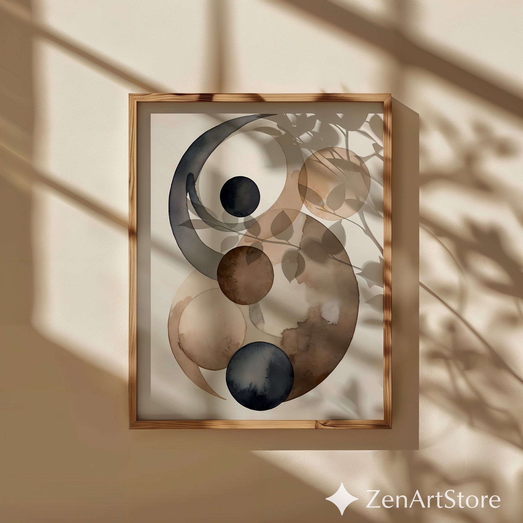 Neutral Abstract Wall Art - Minimalist Circle Watercolor Print in Brown Beige Black, Japandi Scandinavian Home Decor