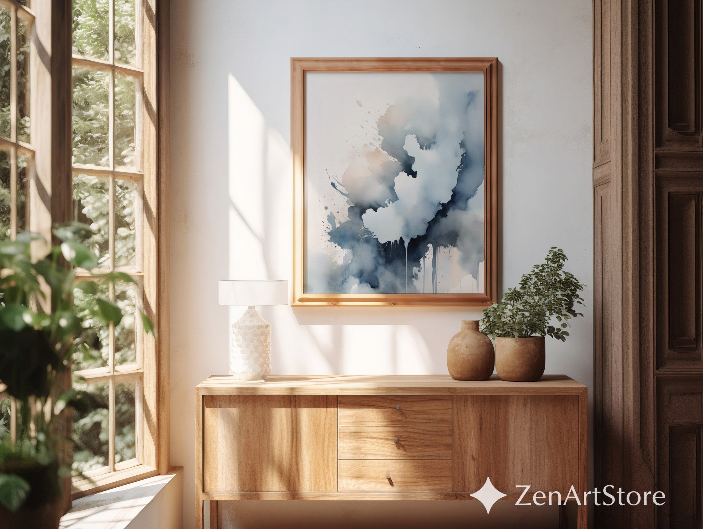 Serene Blue Watercolor Abstract Art Print - Minimal Japandi Wall Decor Neutral Modern Canvas