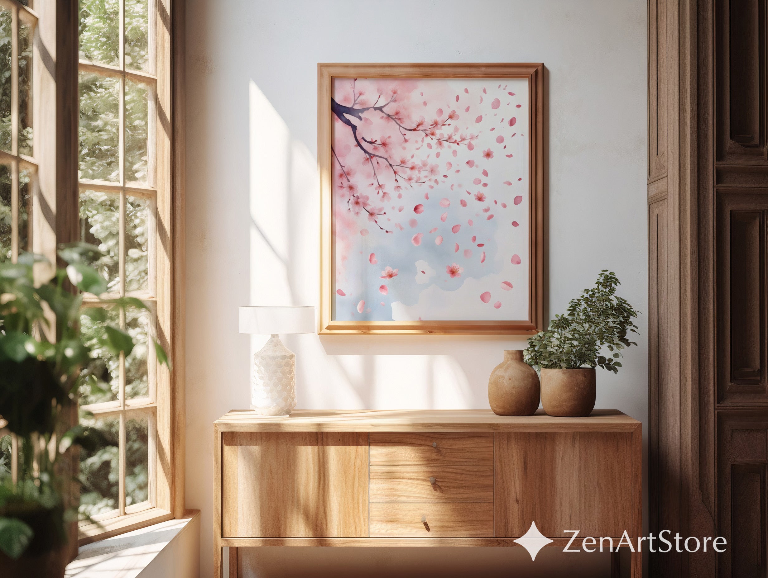 Cherry Blossom Wall Art Print - Soft Pink Sakura Watercolor, Minimal Botanical Home Decor for Japandi, Nursery, Bedroom & Living Room