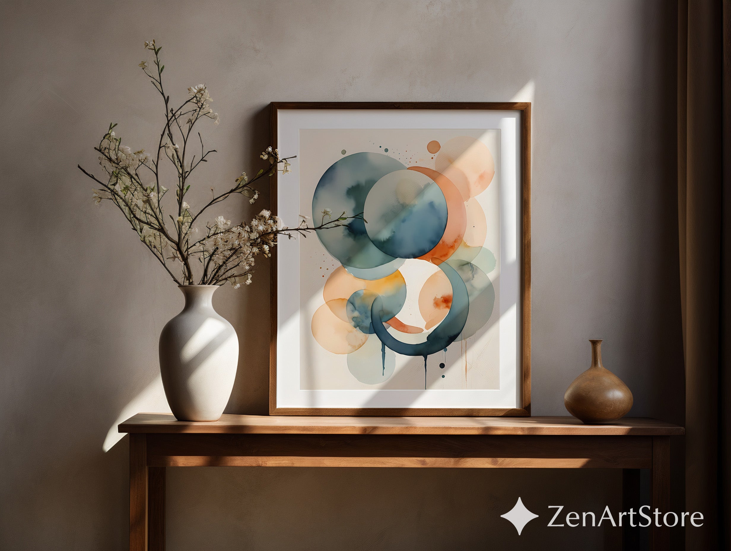Abstract Watercolor Circles Wall Art - Minimal Zen Neutral Print for Japandi & Scandinavian Home Decor, Blue Peach Beige Modern Art