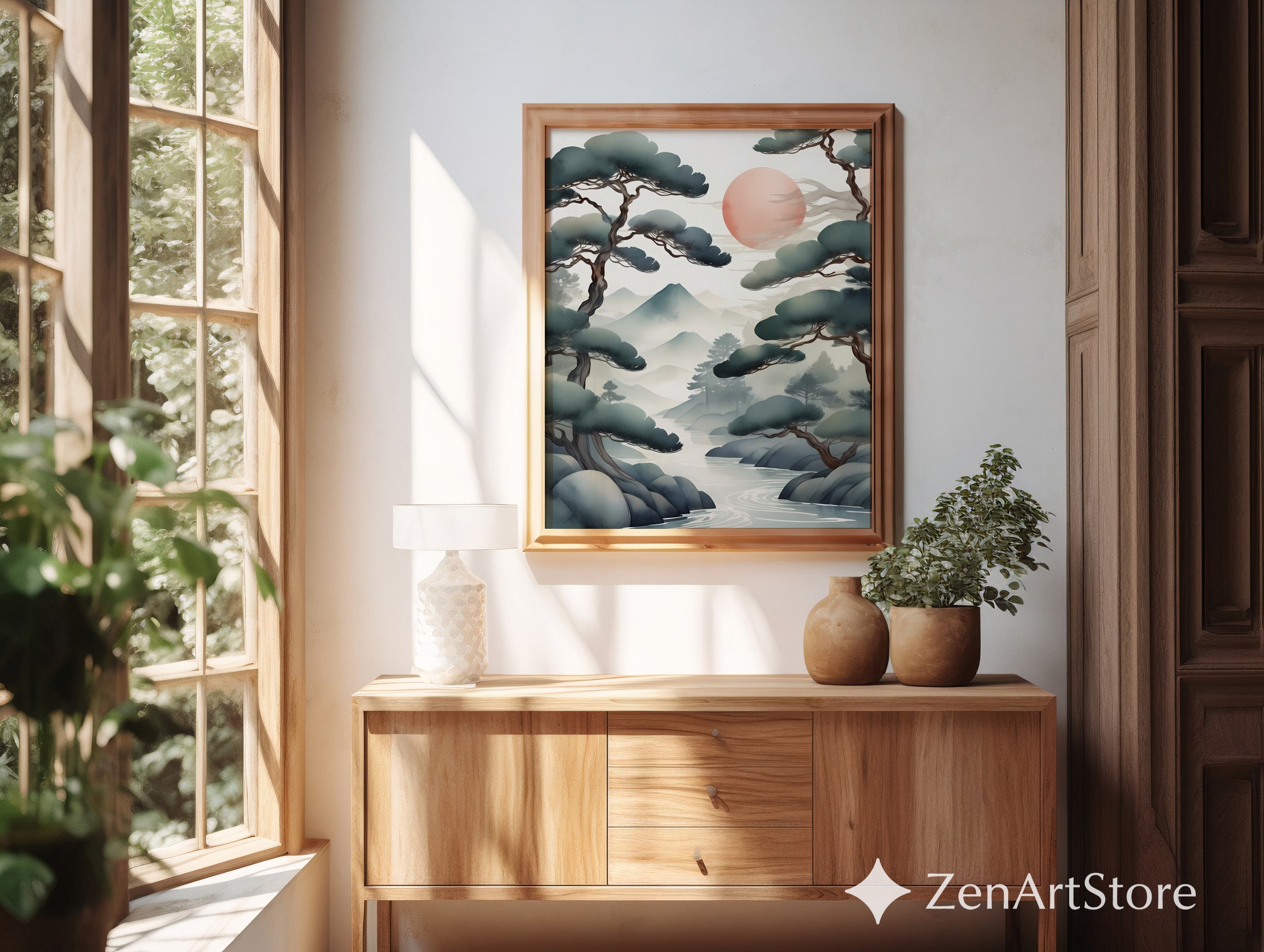 Zen Japanese Landscape Print Misty Pines & Red Sun - Japandi Minimalist Wall Art, Calm Neutral Home Decor (Print or Digital)