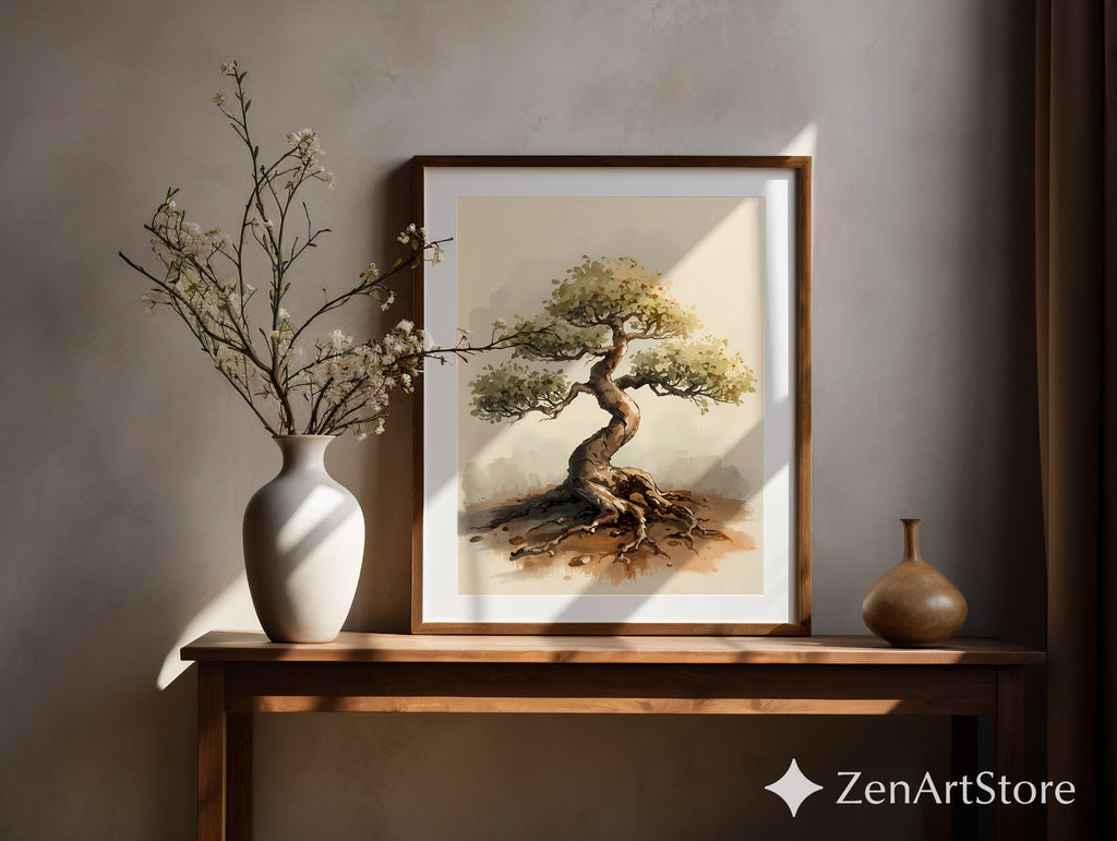 Bonsai Tree Art Print - Minimal Zen Wall Decor, Neutral Wabi Sabi Botanical Illustration for Japandi & Scandinavian Homes