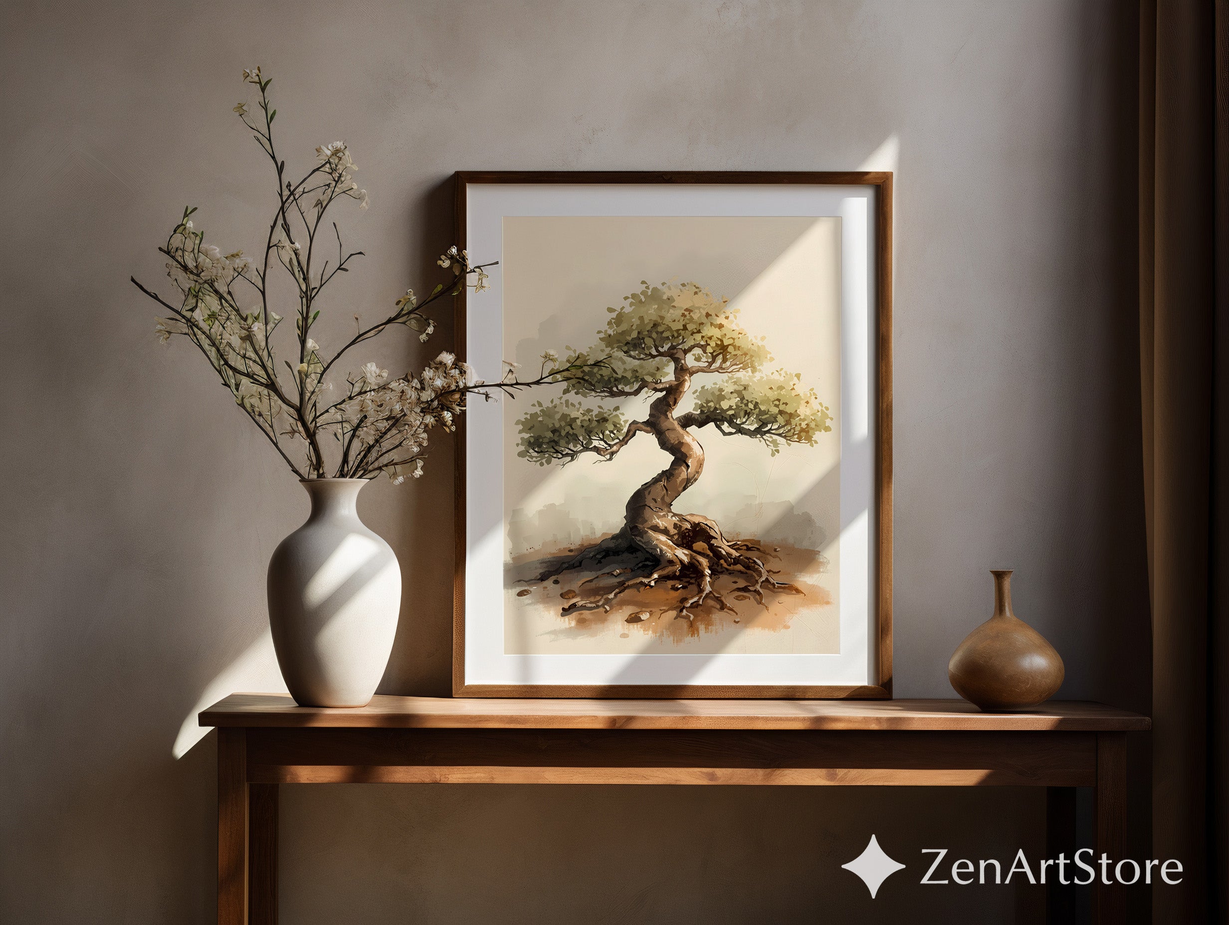 Bonsai Tree Art Print - Minimal Zen Wall Decor, Neutral Wabi Sabi Botanical Illustration for Japandi & Scandinavian Homes