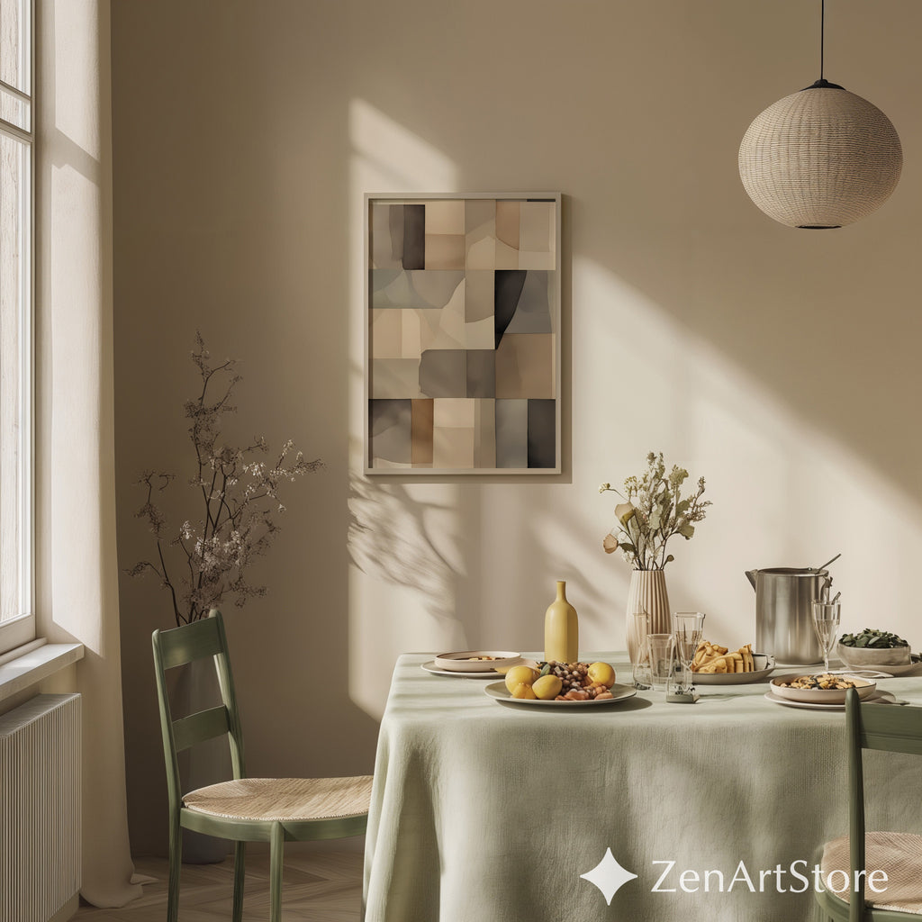 Neutral Abstract Patchwork Wall Art - Minimal Beige Brown Geometric Print for Japandi & Scandinavian Home Decor