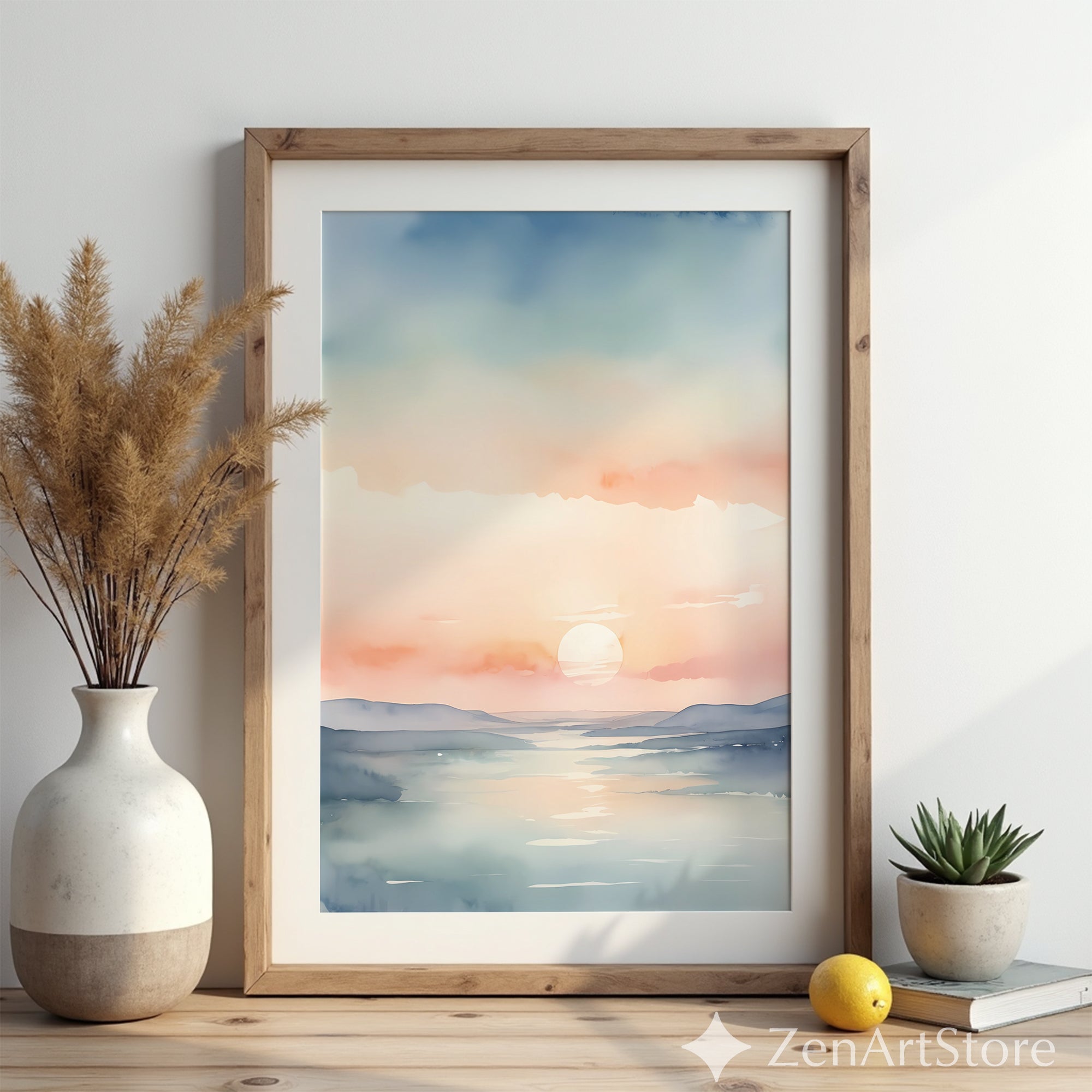 Pastel Watercolor Sunset Landscape Print - Calm Minimal Wall Art for Living Room, Bedroom, Nursery, Japandi Scandinavian Neutral Decor