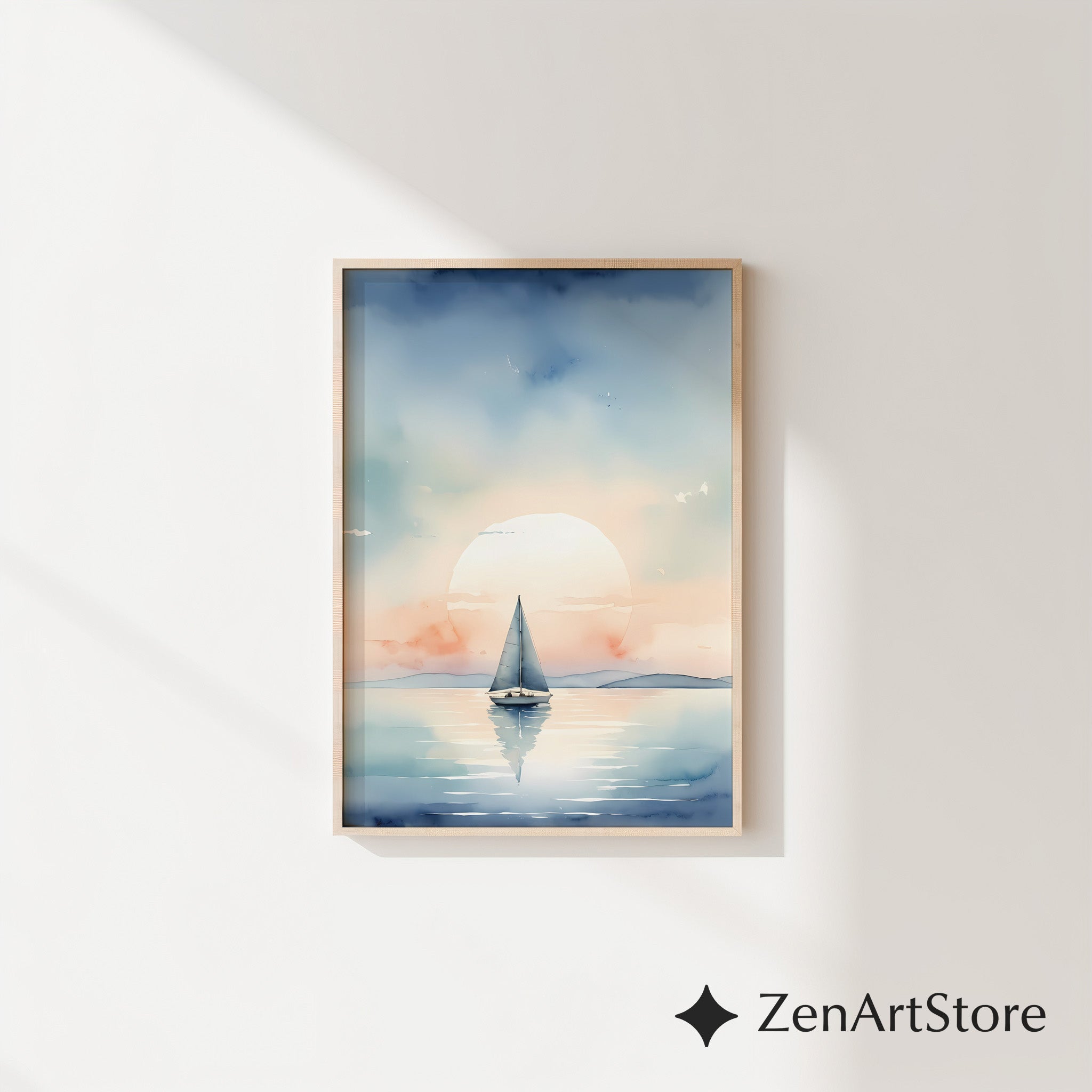 Calm Sailboat Watercolor Print - Serene Sunset Nautical Wall Art for Coastal Home