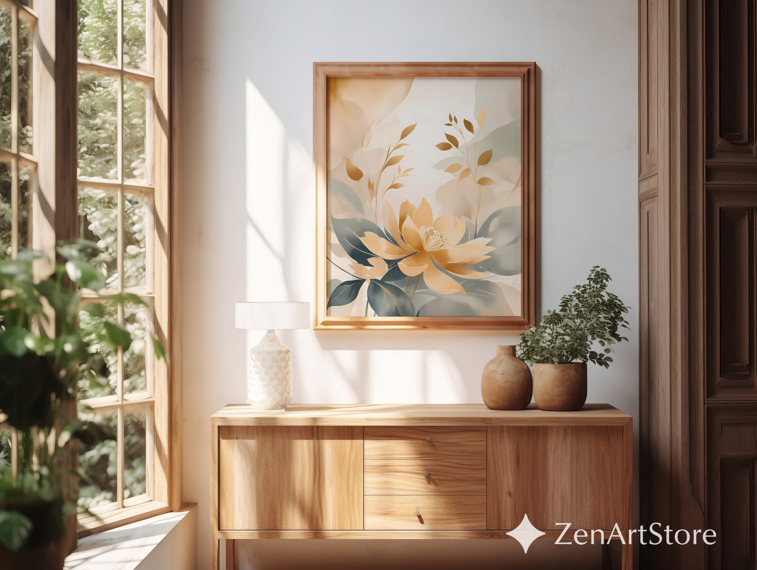 Golden Lotus Botanical Wall Art - Neutral Beige & Sage Floral Print, Japandi Minimalist Abstract Flower Poster