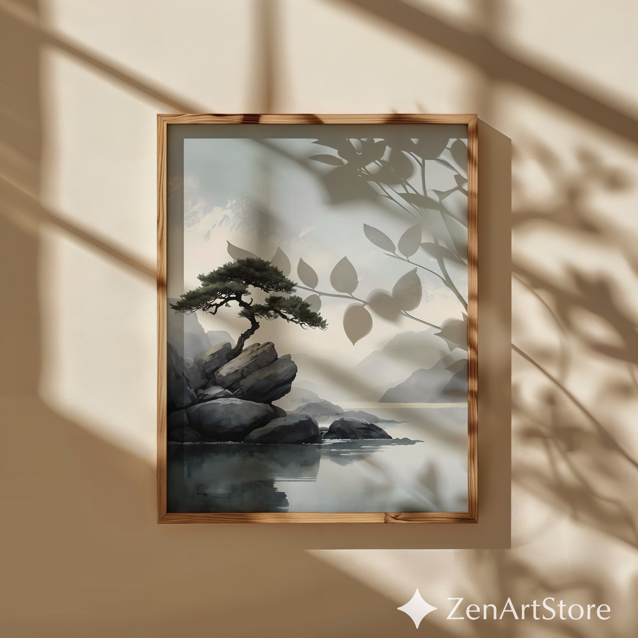 Zen Minimalist Landscape Print Lone Pine on Rocks - Japandi Scandinavian Wall Art Neutral Calm Home Decor
