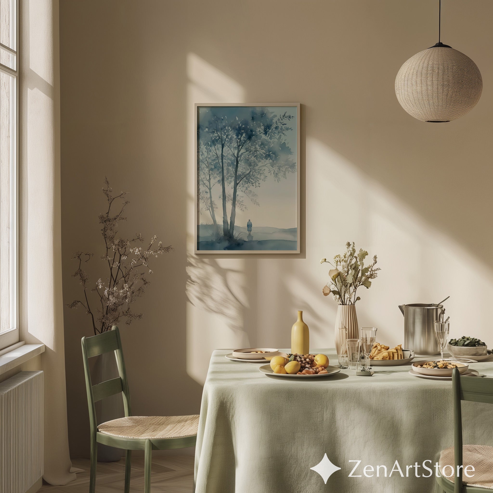 Misty Blue Watercolor Tree Landscape Print - Zen Minimal Wall Art for Living Room, Bedroom, Japandi & Scandinavian Decor