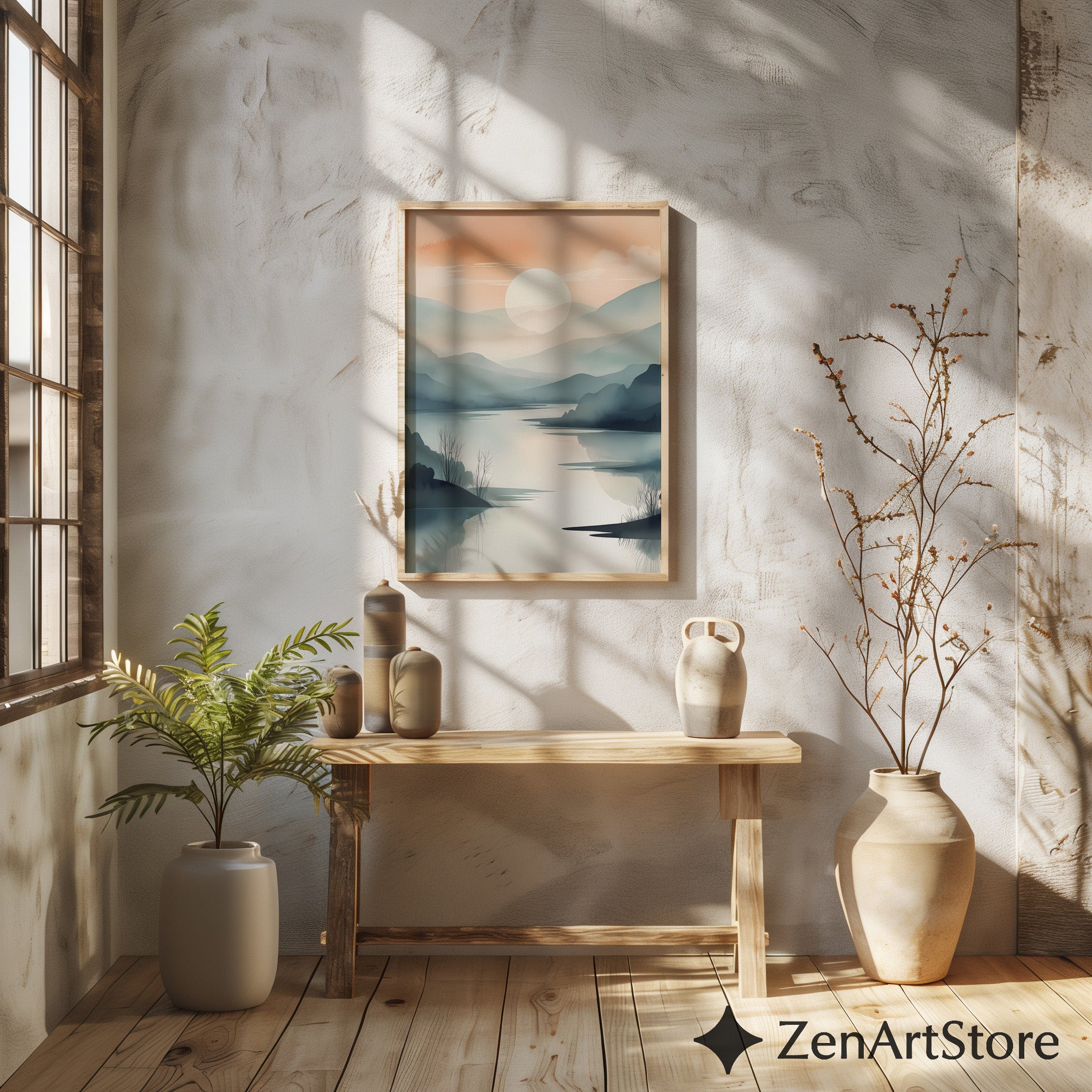 Sunrise Mist Landscape Print – Minimal Japandi Zen Wall Art, Neutral Mountain Lake Poster for Living Room